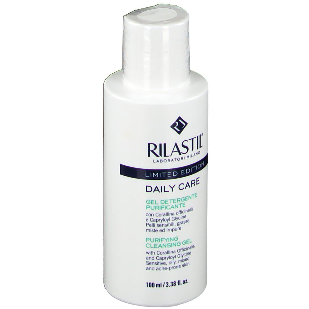 Flacone bianco con tappo bianco. Scritta: RILASTIL, Daily Care, Gel Nettoyant Purifiant. 100 ml.