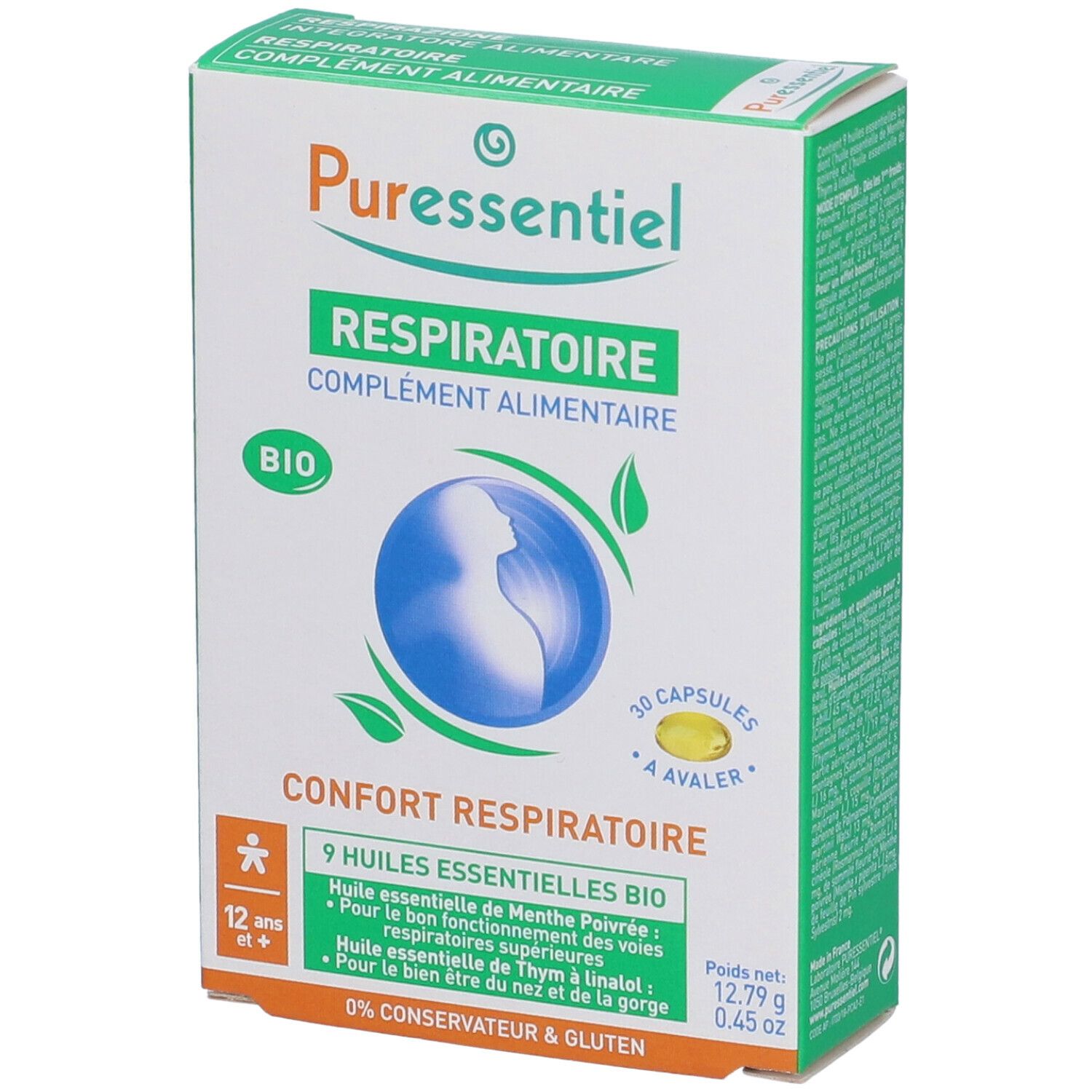 Confezione del prodotto con testo: Respiratoire, Complement Alimentaire. Contiene 30 capsule. 9 oli essenziali bio. Per bambini dai 12 anni in su.
