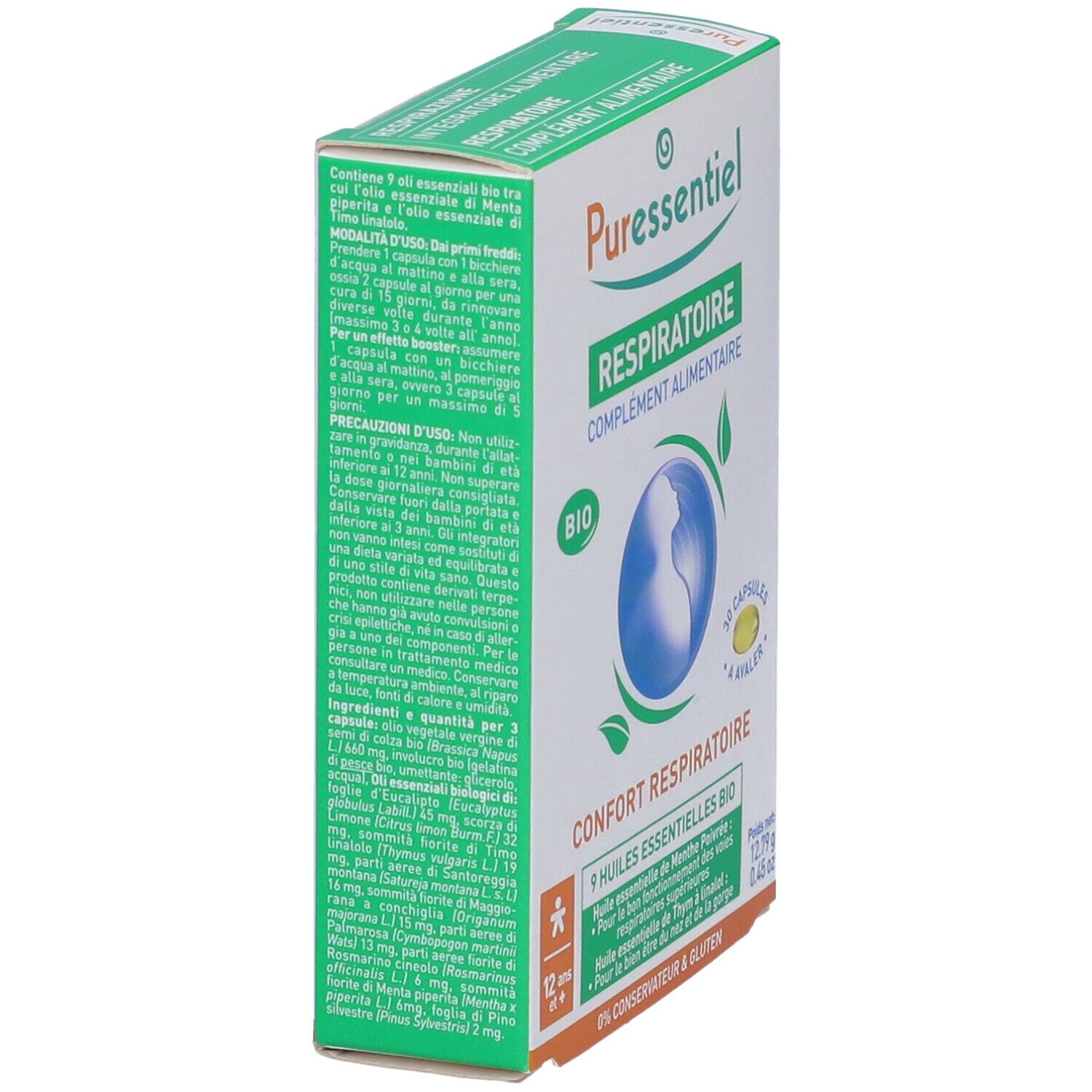 Vista angolata della confezione del prodotto. Testo: Respiratoire, Complement Alimentaire. Contiene 30 capsule. 9 oli essenziali bio. Per bambini dai 12 anni in su.