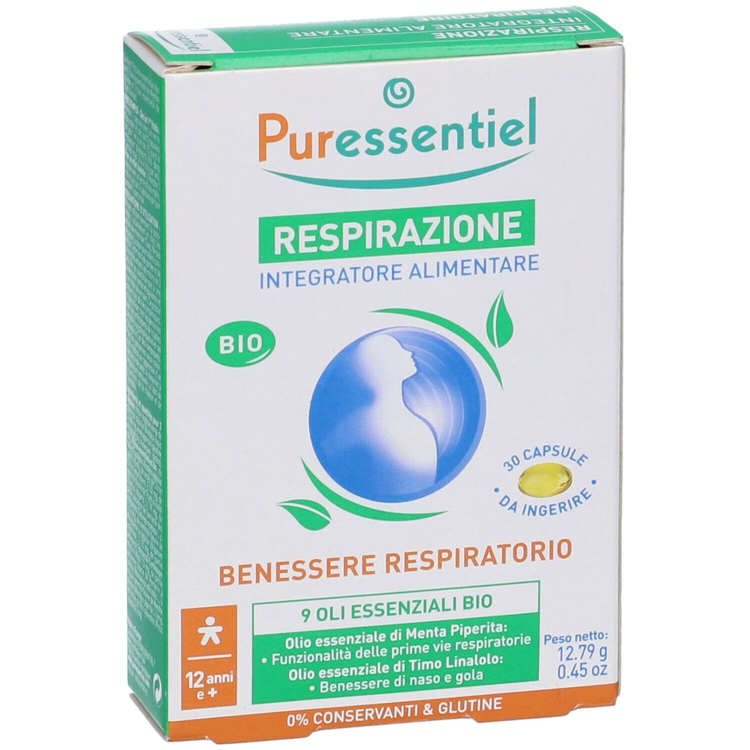 Confezione del prodotto con testo: Respirazione, Integratore Alimentare. Contiene 30 capsule. 9 oli essenziali bio. Per bambini dai 12 anni in su.