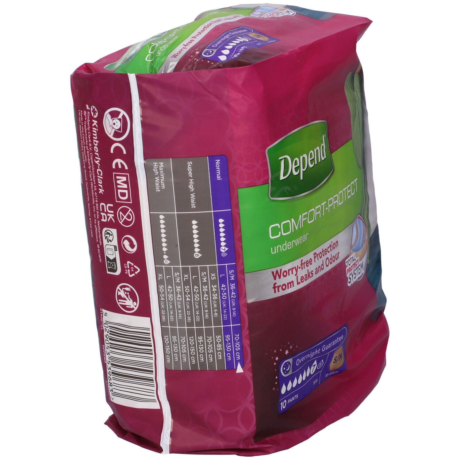 Confezione di Depend Comfort-Protect. Rosa. Informazioni sulle taglie. Testo: Worry-free Protection from Leaks and Odour.