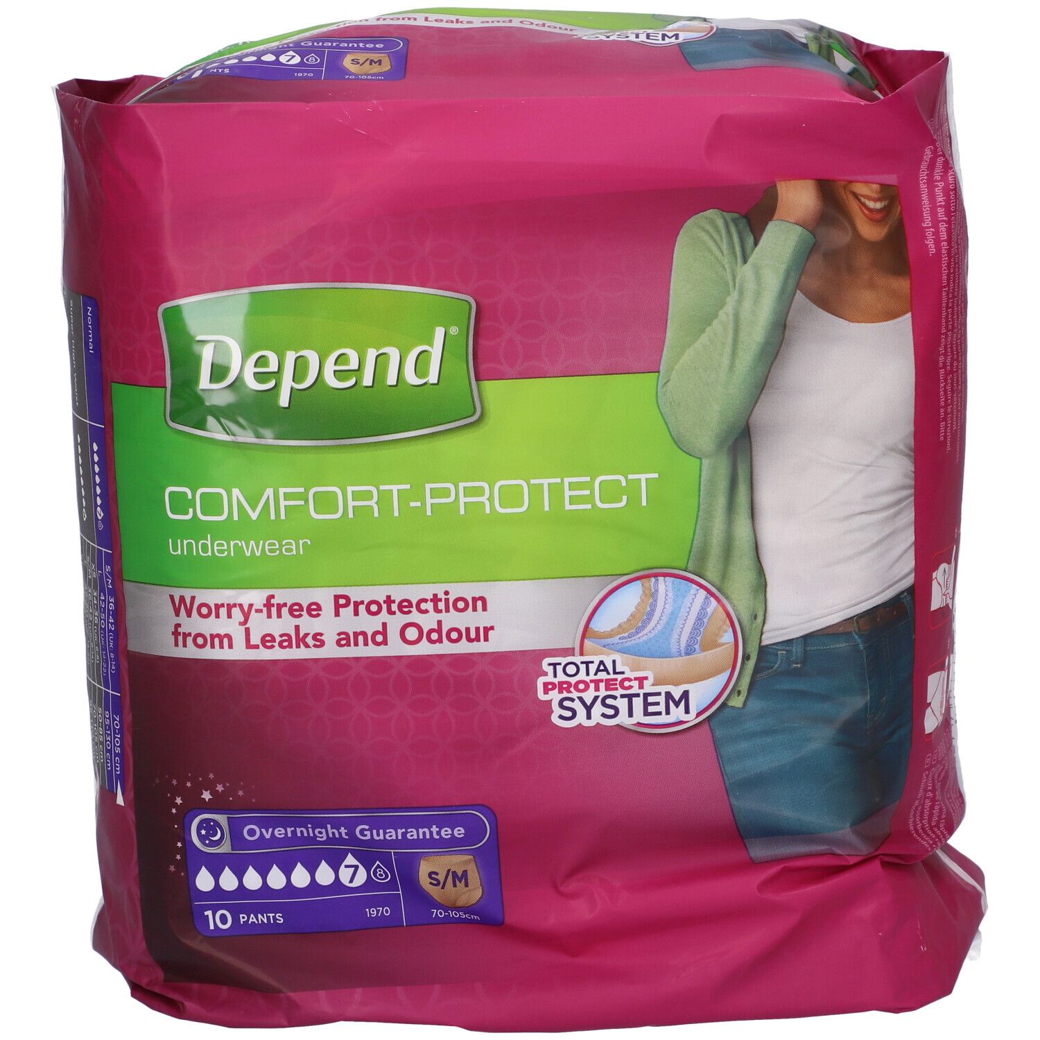 Confezione di Depend Comfort-Protect. Rosa e bianco. Immagine di donna. Testo: Worry-free Protection from Leaks and Odour.