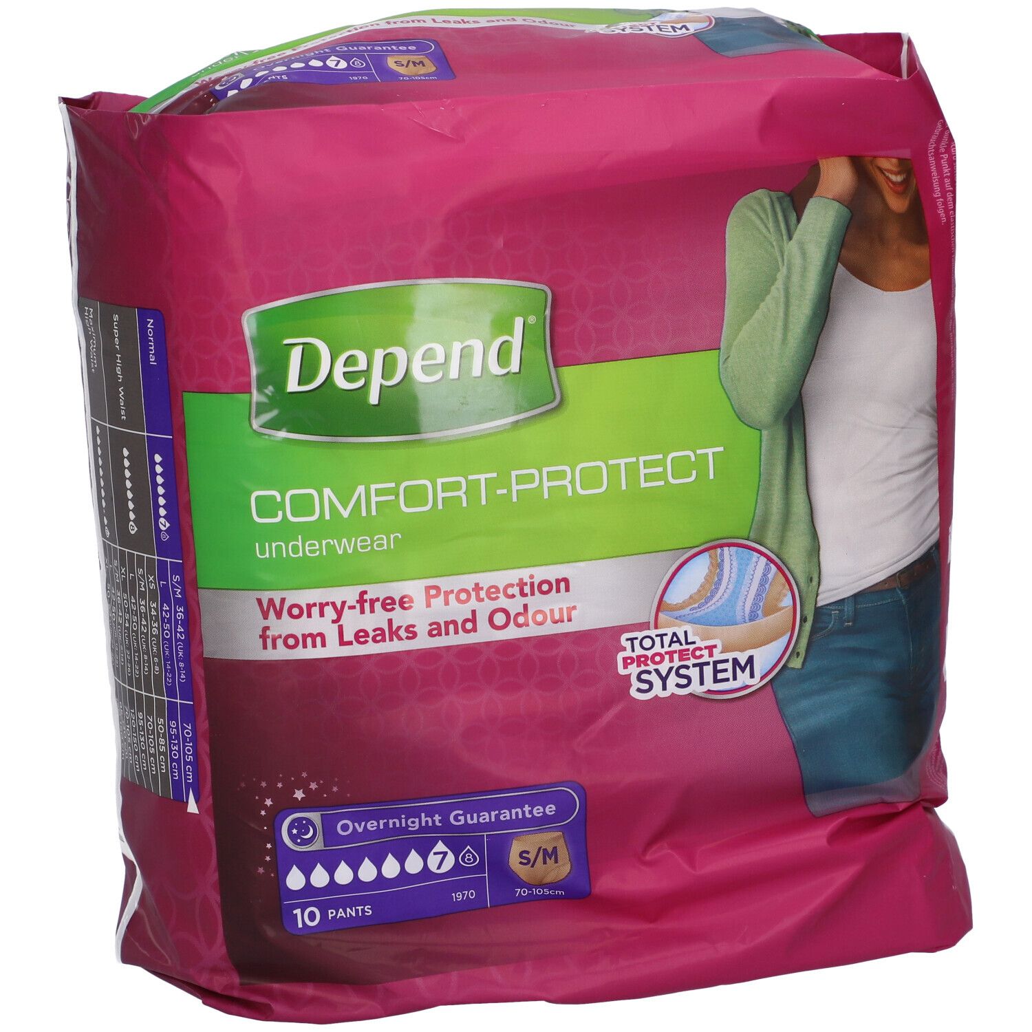 Confezione di Depend Comfort-Protect. Rosa e bianco. Immagine di donna. Testo: Worry-free Protection from Leaks and Odour.
