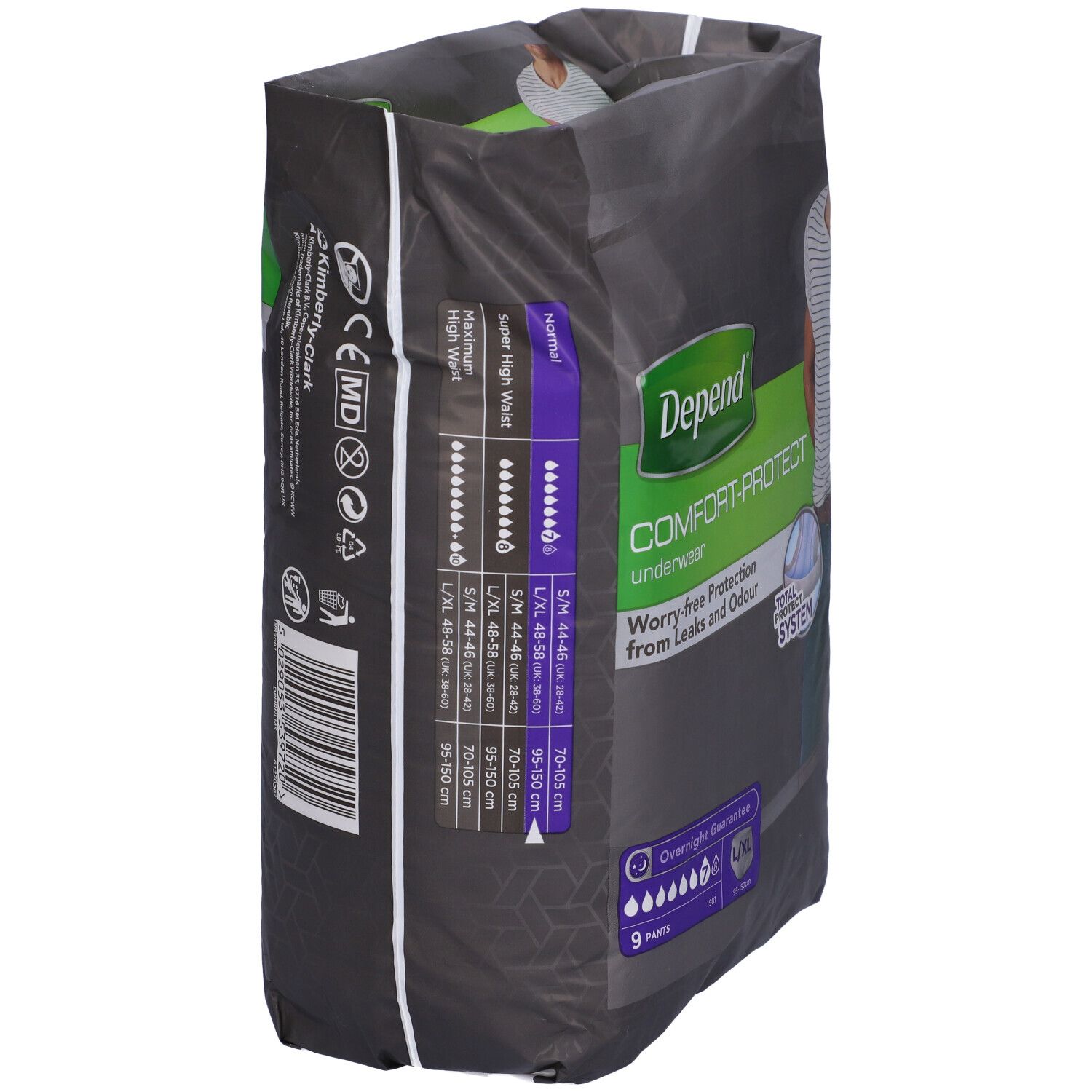 Vista laterale della confezione Depend Comfort-Protect Underwear. Indicazioni taglia L/XL. Scritto: Worry-free Protection from Leaks and Odour.