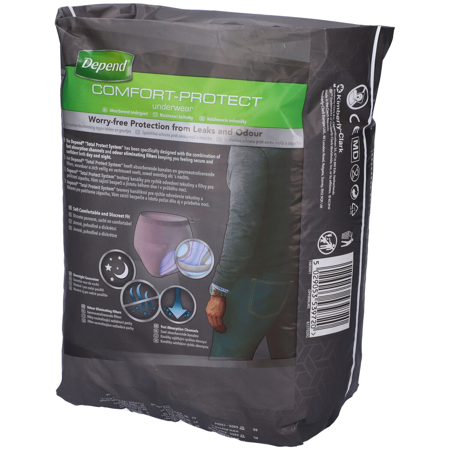 Retro della confezione Depend Comfort-Protect Underwear. Testo e illustrazioni. Scritto: Worry-free Protection from Leaks and Odour.