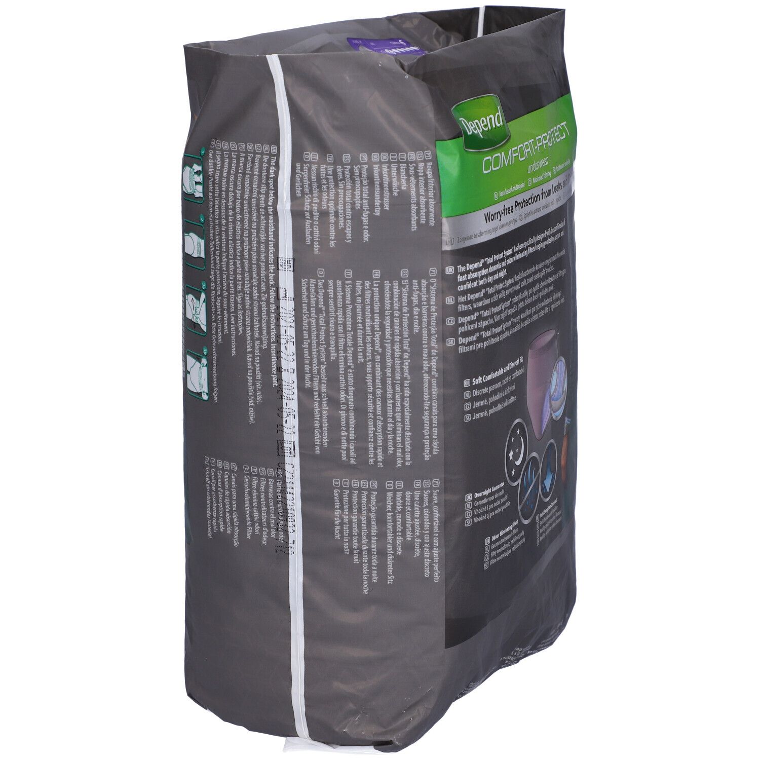 Vista laterale della confezione Depend Comfort-Protect Underwear. Testo e illustrazioni. Scritto: Worry-free Protection from Leaks and Odour.