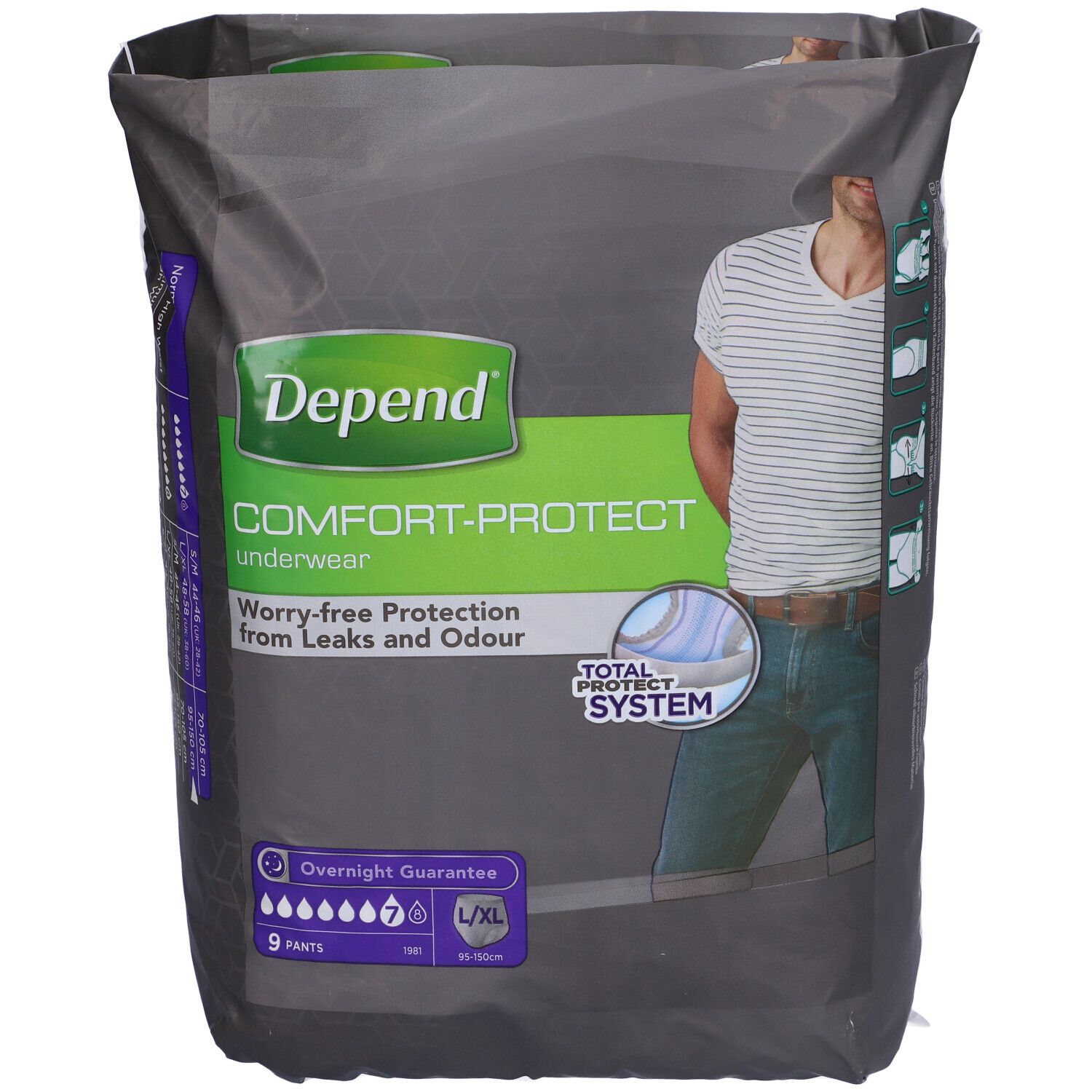Confezione di Depend Comfort-Protect Underwear. Contiene 9 slip, taglia L/XL. Scritto: Worry-free Protection from Leaks and Odour.