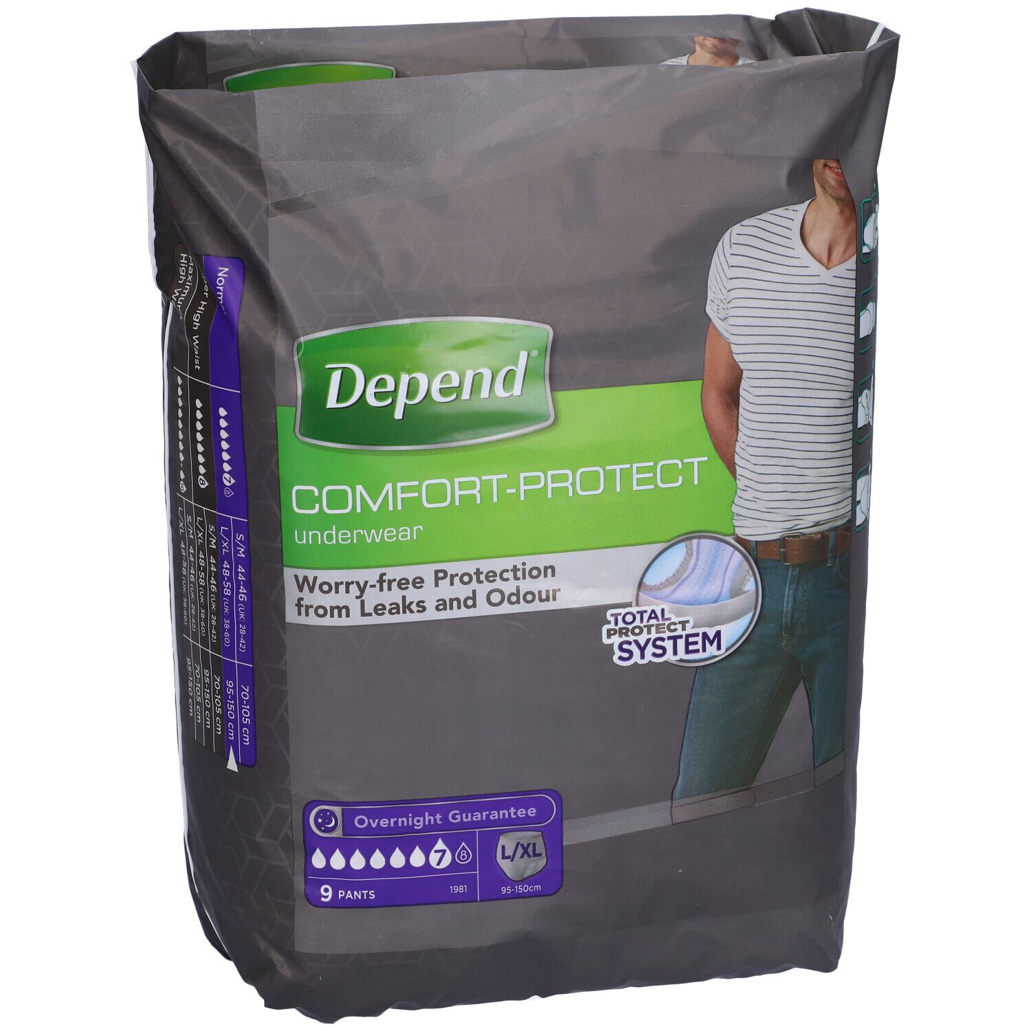 Confezione di Depend Comfort-Protect Underwear. Contiene 9 slip, taglia L/XL. Scritto: Worry-free Protection from Leaks and Odour.