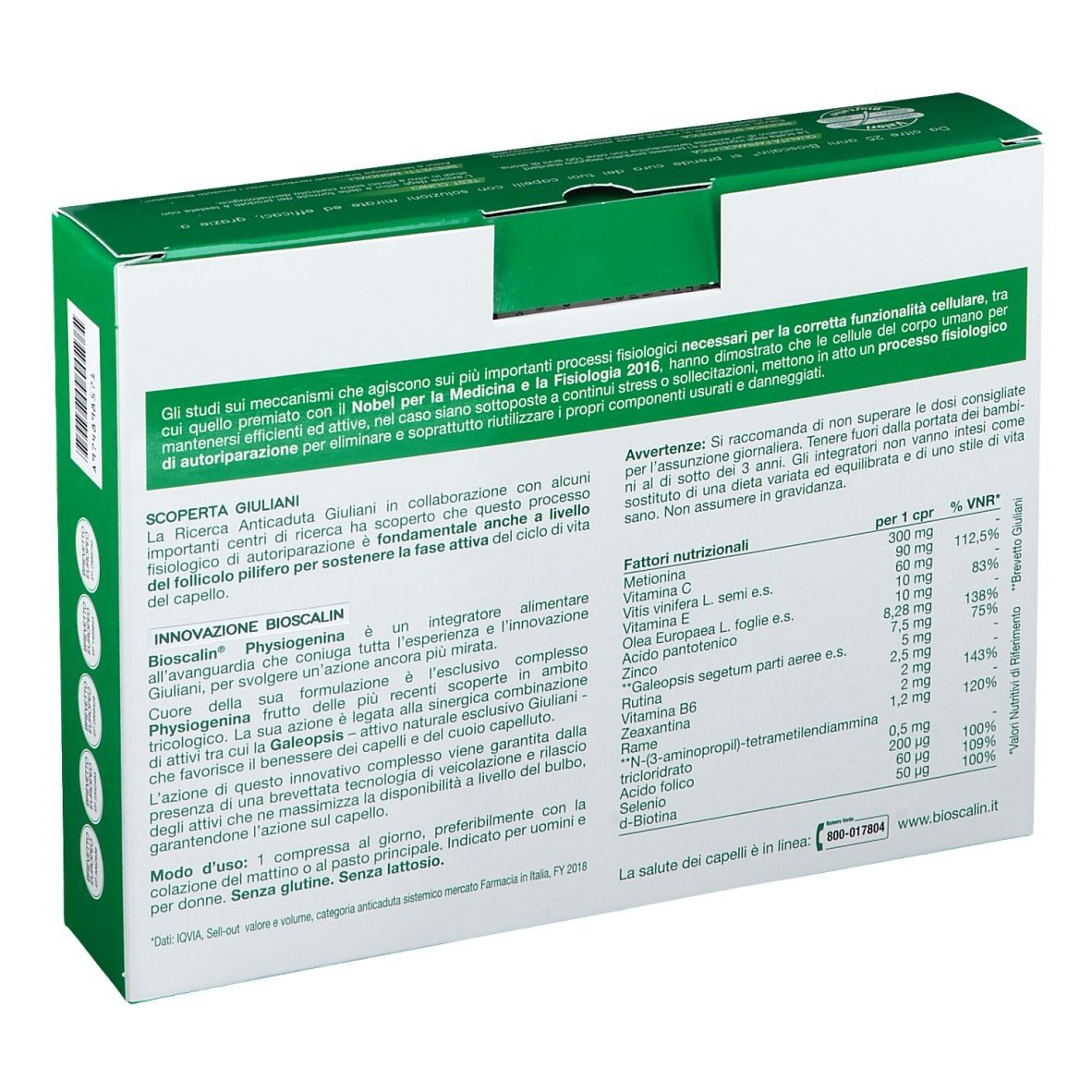 Retro della scatola verde. Testo: ingredienti, informazioni nutrizionali, avvertenze. Marchio Bioscalin e Giuliani.