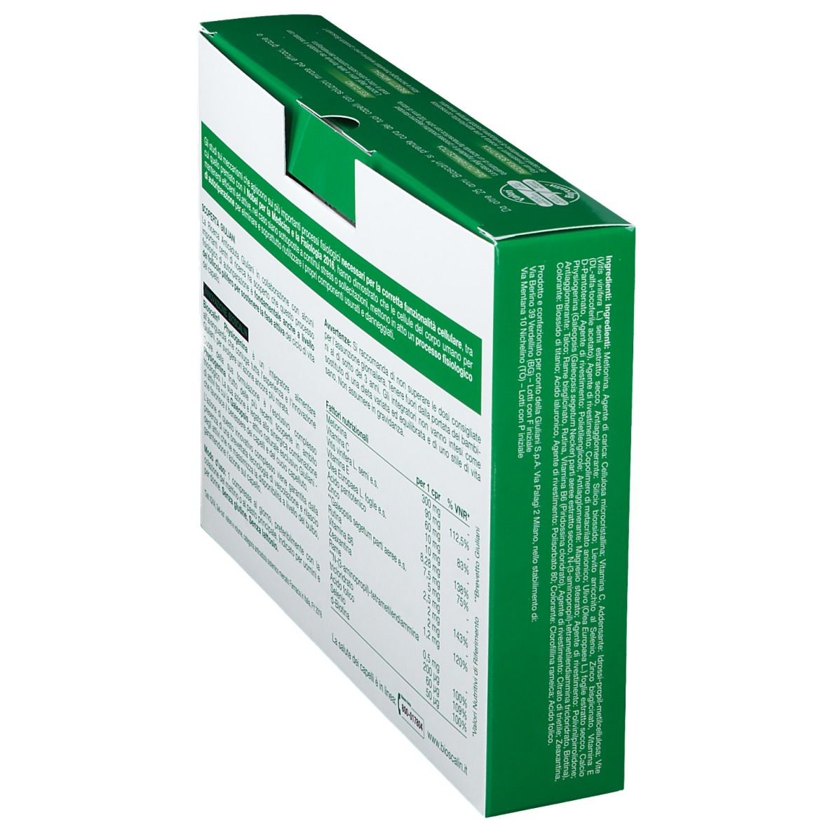 Retro della scatola verde. Testo: ingredienti, informazioni nutrizionali. Marchio Bioscalin e Giuliani.