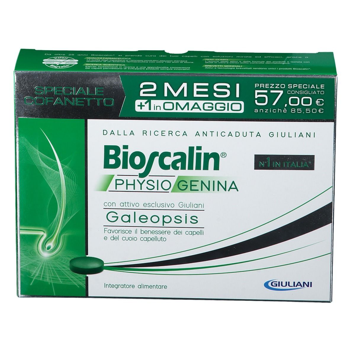 Scatola verde con testo Bioscalin Physiogenina Galeopsis. 2 mesi + 1 omaggio. Prezzo 57,00 €.