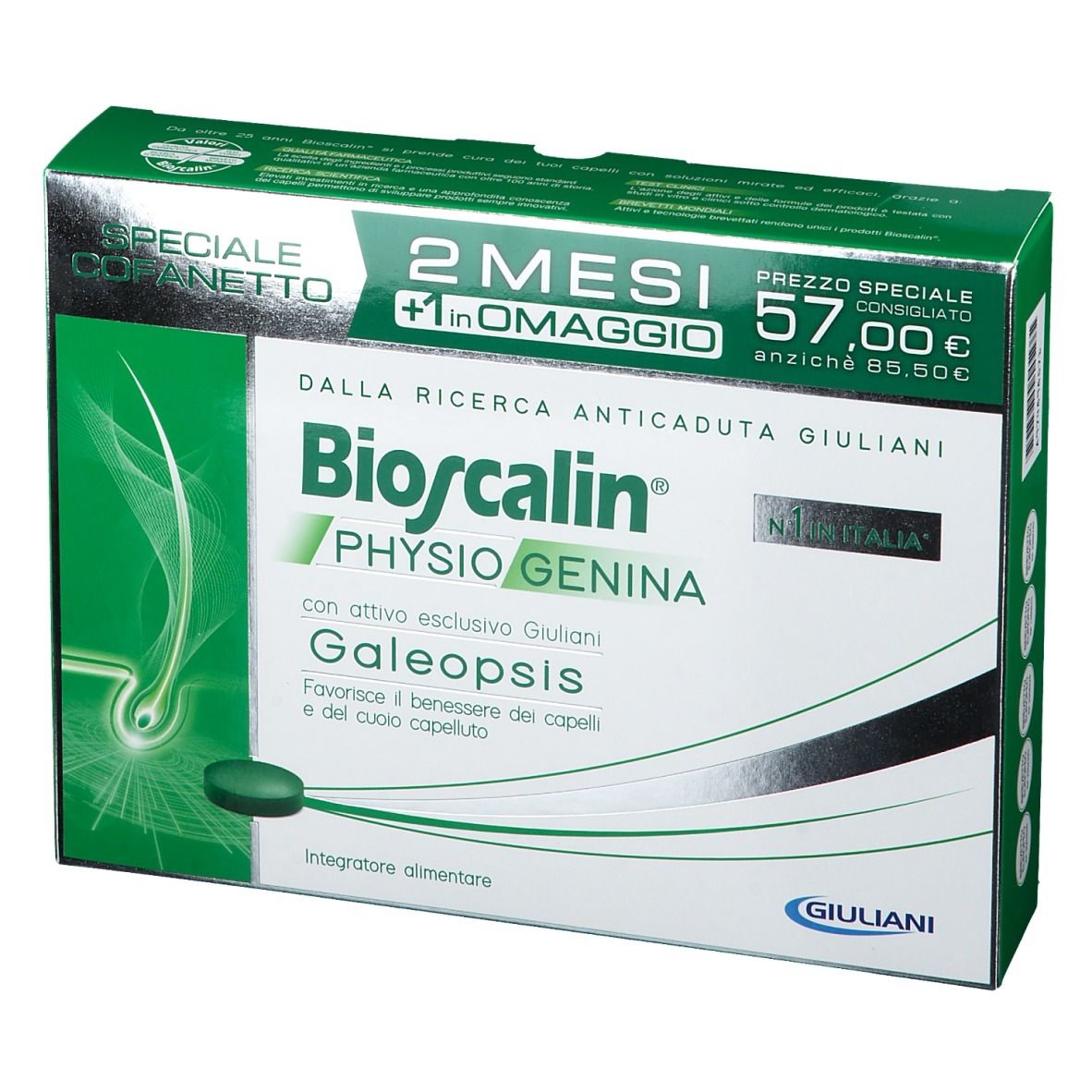 Scatola verde con testo Bioscalin Physiogenina Galeopsis. 2 mesi + 1 omaggio. Prezzo 57,00 €.