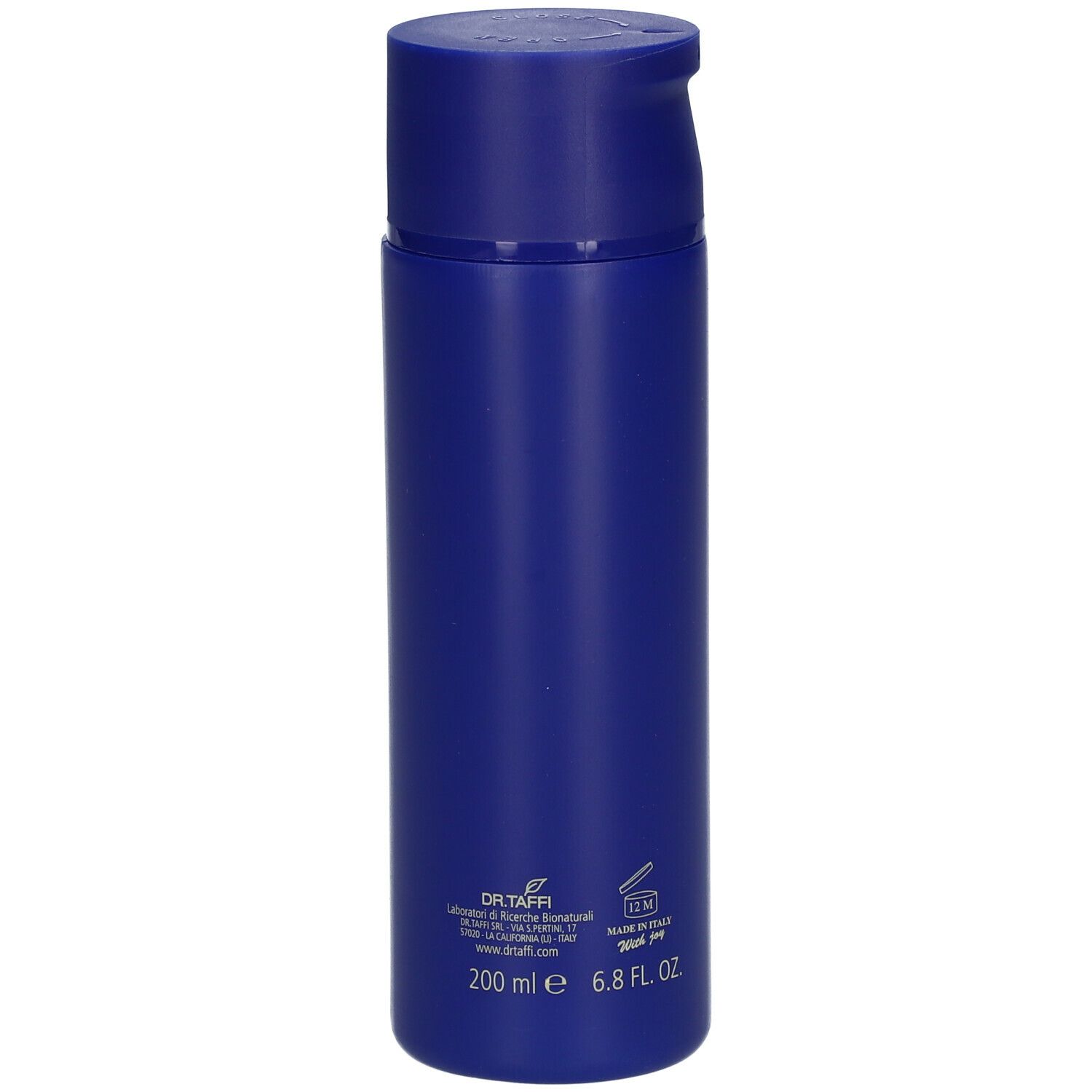 Flacone blu con etichetta shampoo. Scritta: DR.TAFFI, 200 ml, 6.8 FL.OZ.
