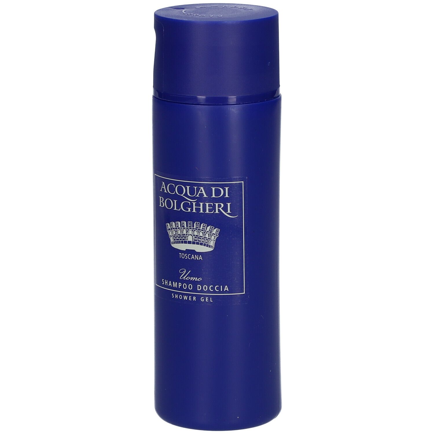 Flacone blu con etichetta shampoo. Scritta: ACQUA DI BOLGHERI, Toscana, Uomo, Shampoo Doccia.