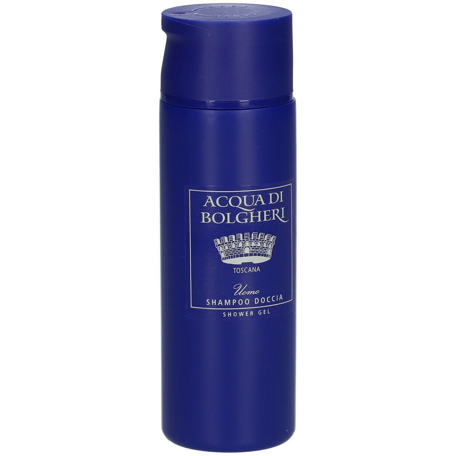 Flacone blu con etichetta shampoo. Scritta: ACQUA DI BOLGHERI, Toscana, Uomo, Shampoo Doccia.