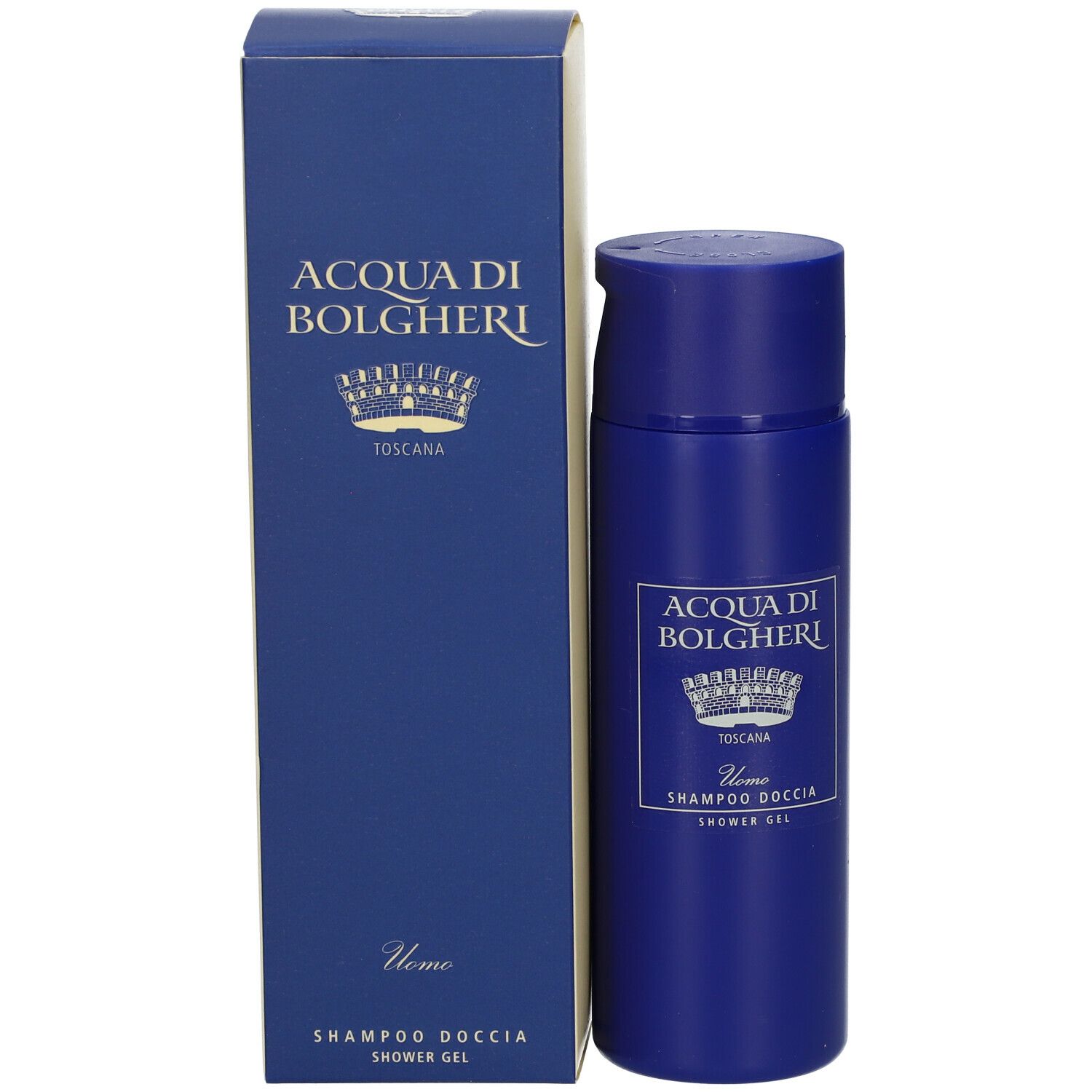 Flacone blu e scatola. Scritta: ACQUA DI BOLGHERI, Toscana, Uomo, Shampoo Doccia.