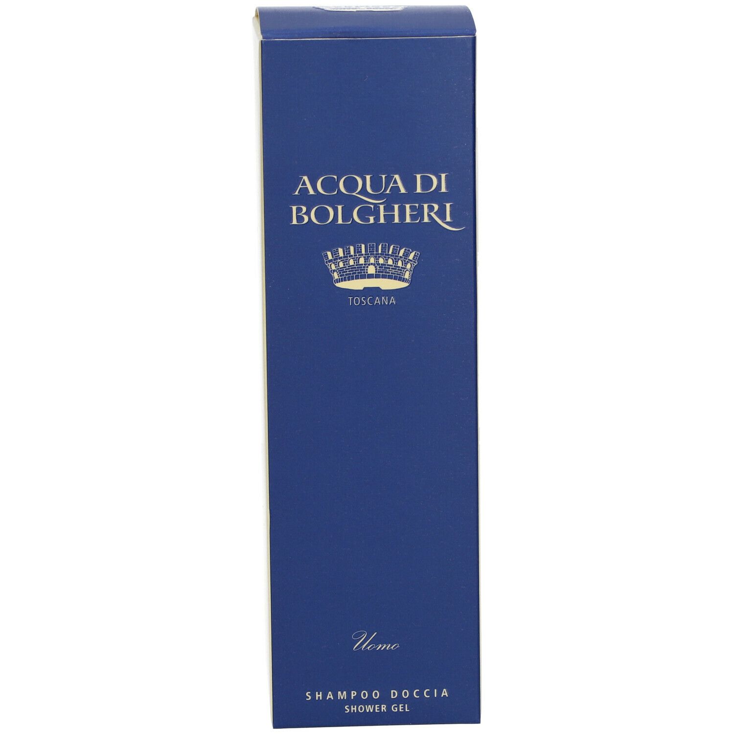 Scatola blu. Scritta: ACQUA DI BOLGHERI, Toscana, Uomo, Shampoo Doccia.