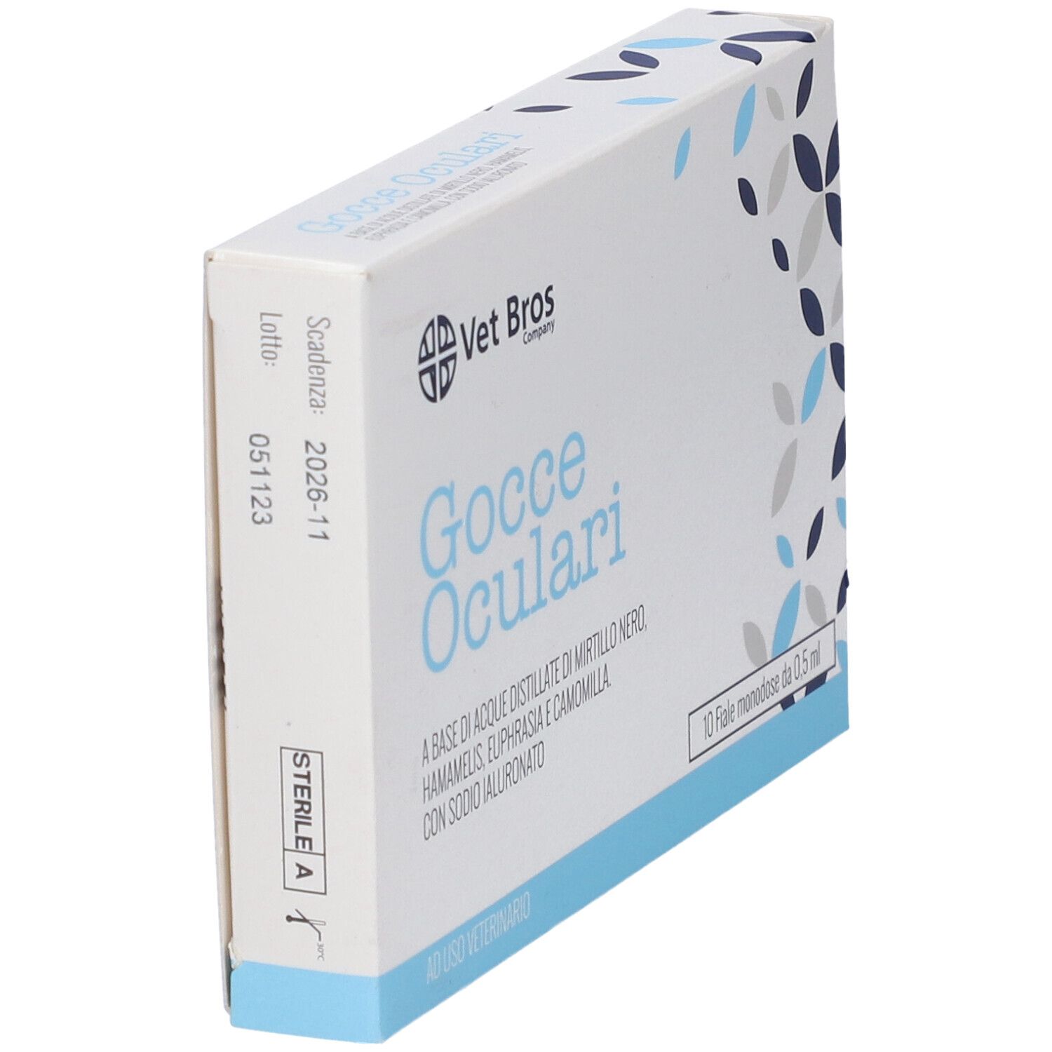 Confezione "Gocce Oculari" Vet Bros. Contiene 10 fiale monodose. Sigillo Sterile A.