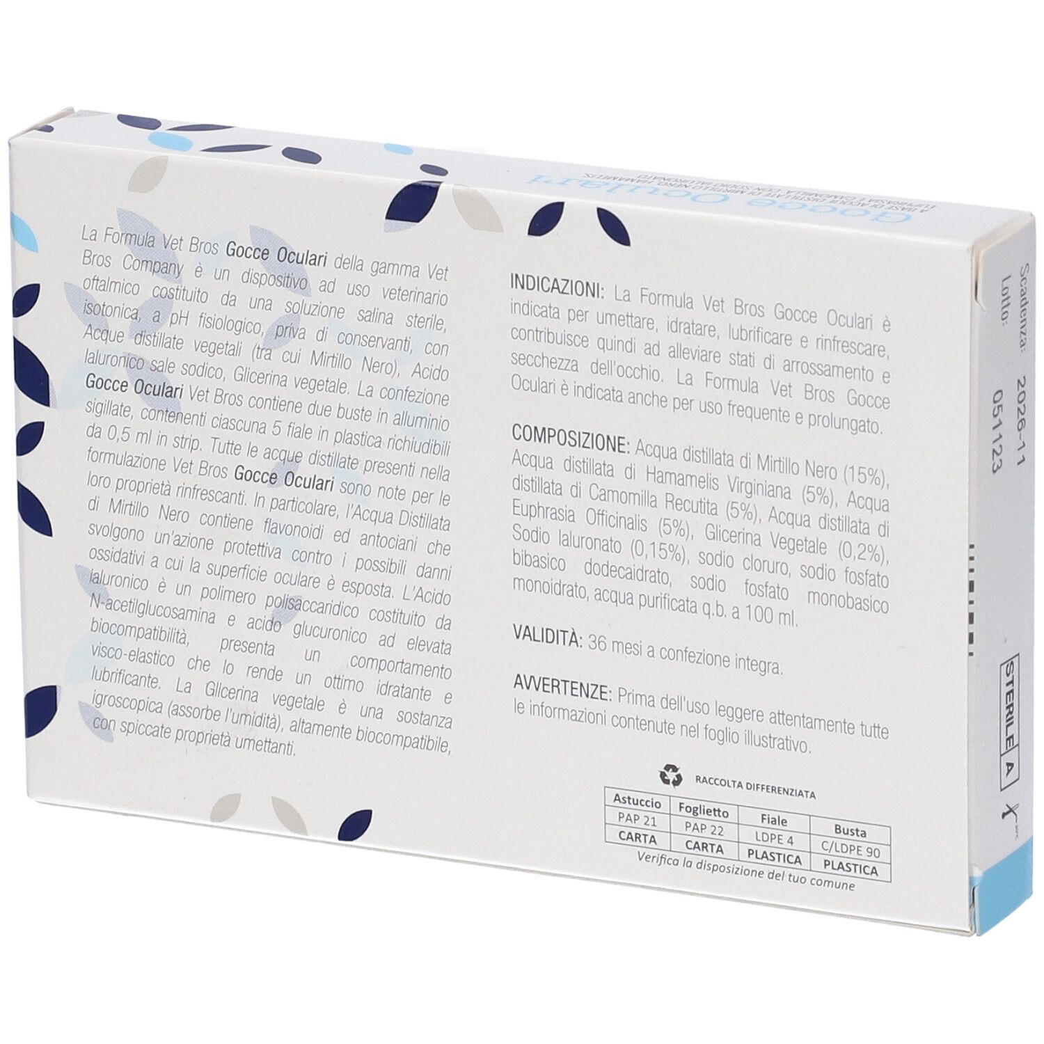 Retro confezione "Gocce Oculari". Informazioni testuali e ingredienti. Confezione bianca con dettagli blu.