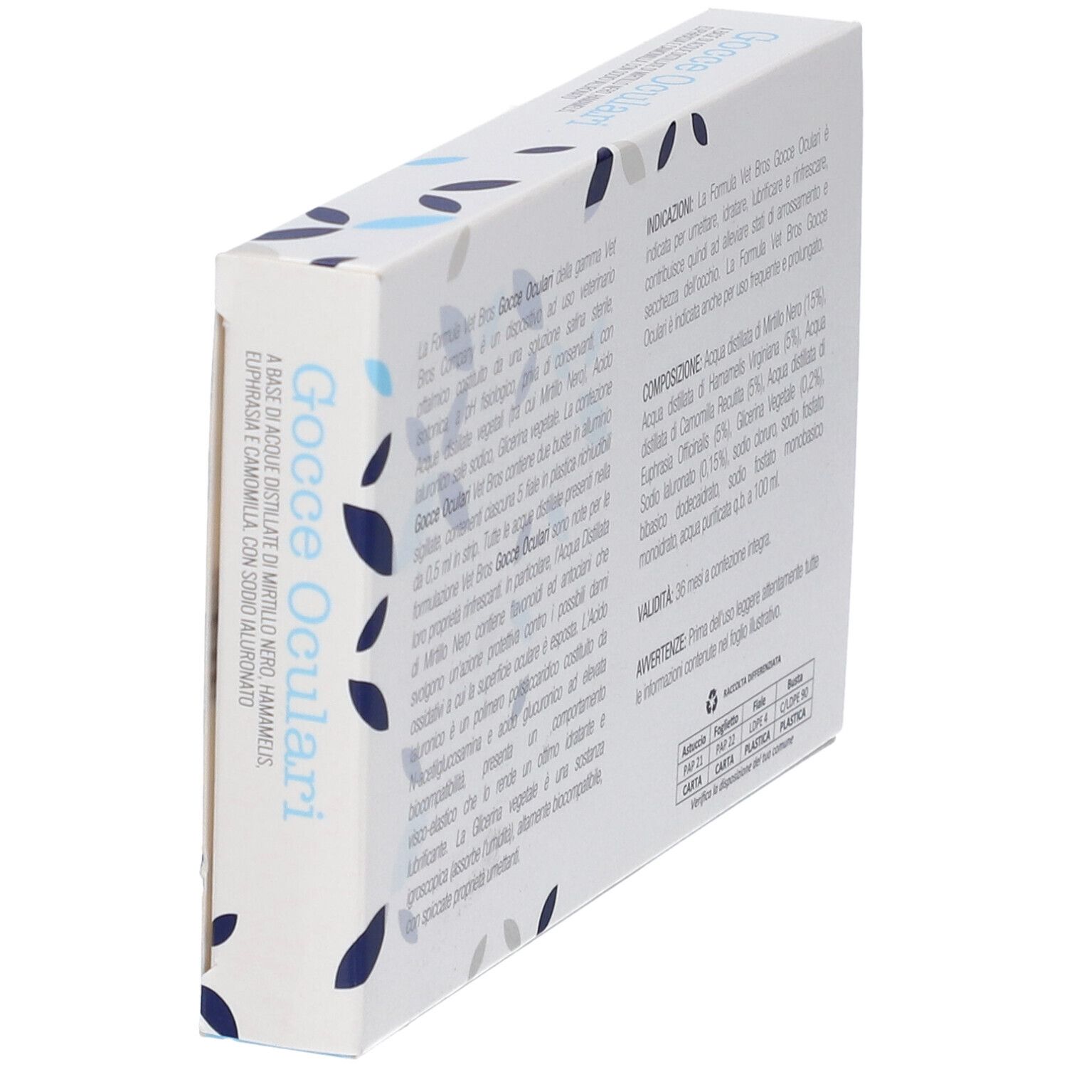 Vista laterale della confezione "Gocce Oculari". Informazioni testuali. Confezione bianca con dettagli blu.