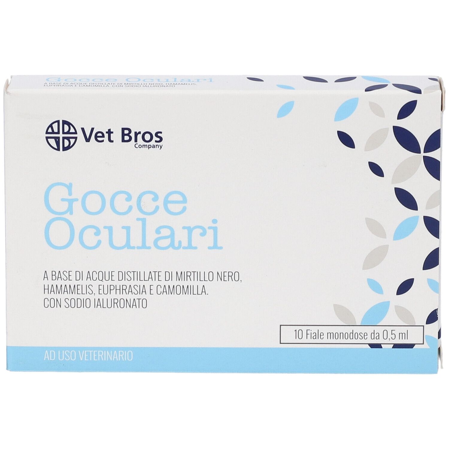 Confezione "Gocce Oculari" Vet Bros. Contiene 10 fiale monodose. Design blu e bianco.