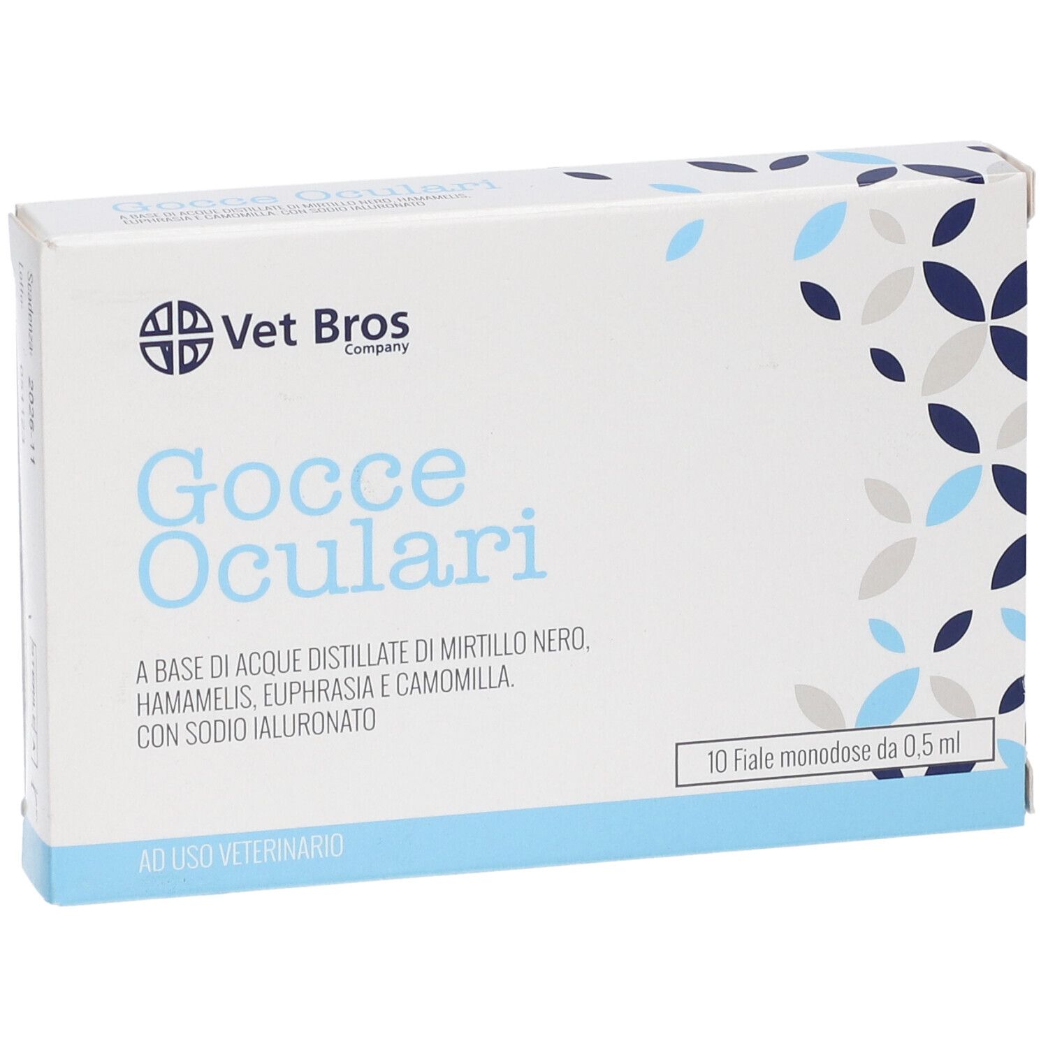 Confezione "Gocce Oculari" Vet Bros. Contiene 10 fiale monodose. Design blu e bianco.