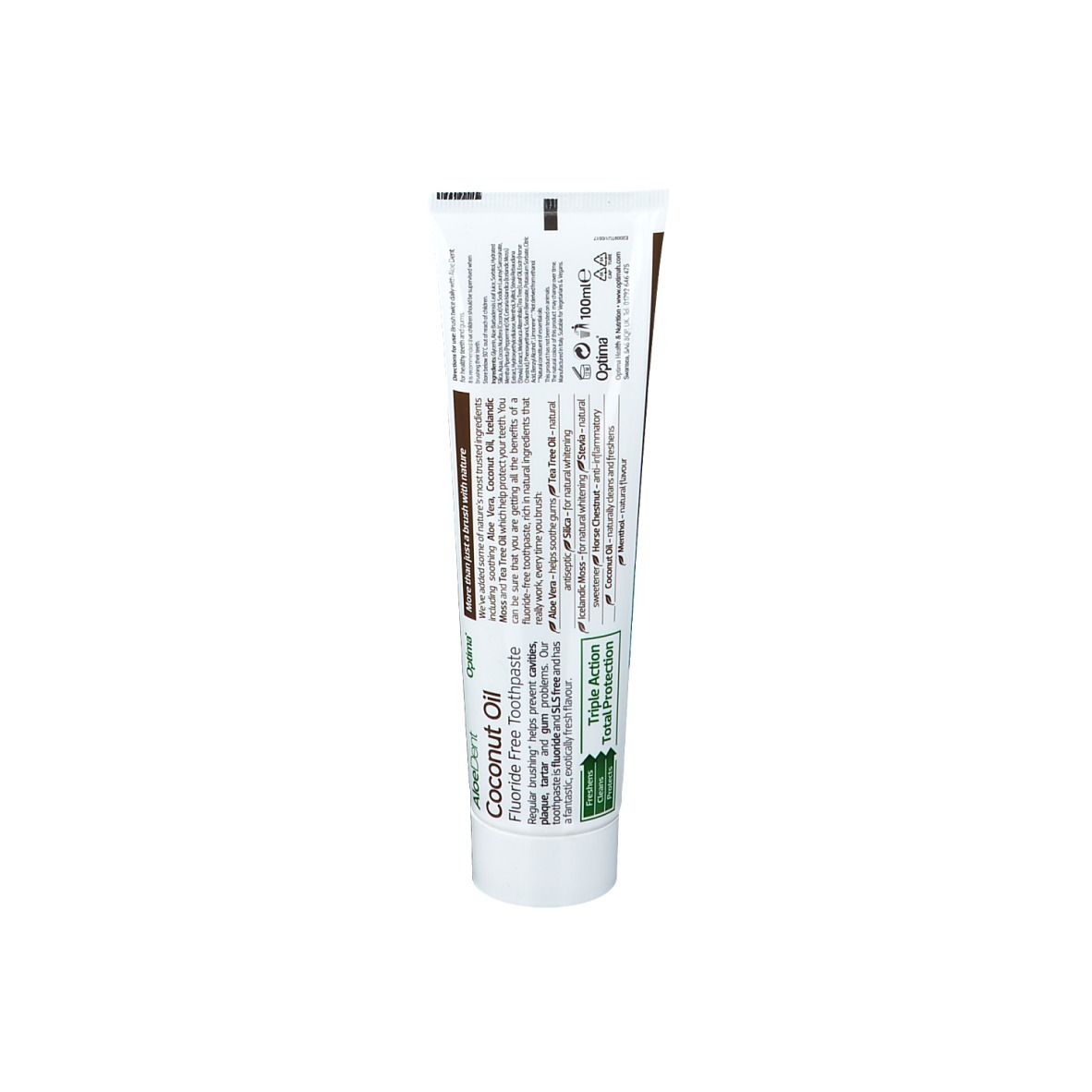 Retro di un tubetto di dentifricio con testo. Contiene informazioni sugli ingredienti e il marchio.