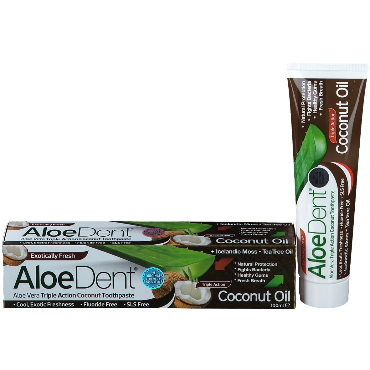 Tubetto di dentifricio e scatola. Scritta AloeDent Coconut Oil. Contiene olio di cocco. Tripla azione.