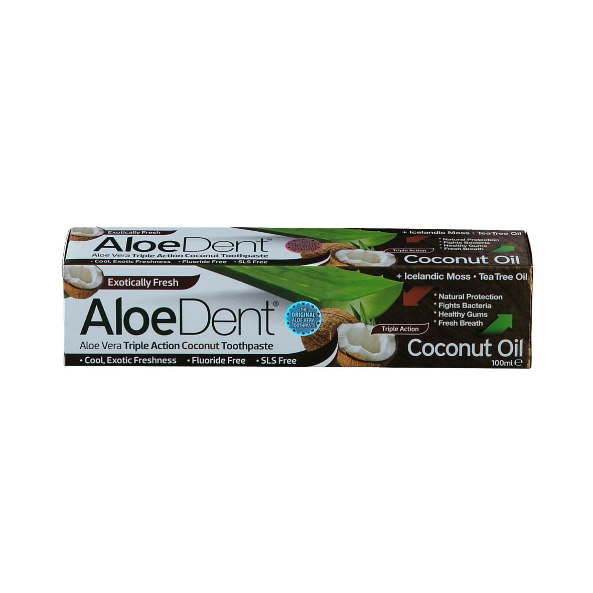 Scatola con AloeDent Coconut Oil. Contiene olio di cocco. Tripla azione. Scritta Exotically Fresh.