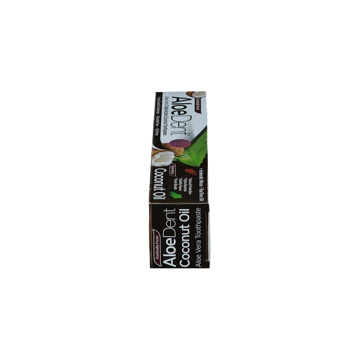 Tubetto di dentifricio e scatola, verticale. Scritta AloeDent Coconut Oil. Contiene olio di cocco. Tripla azione.