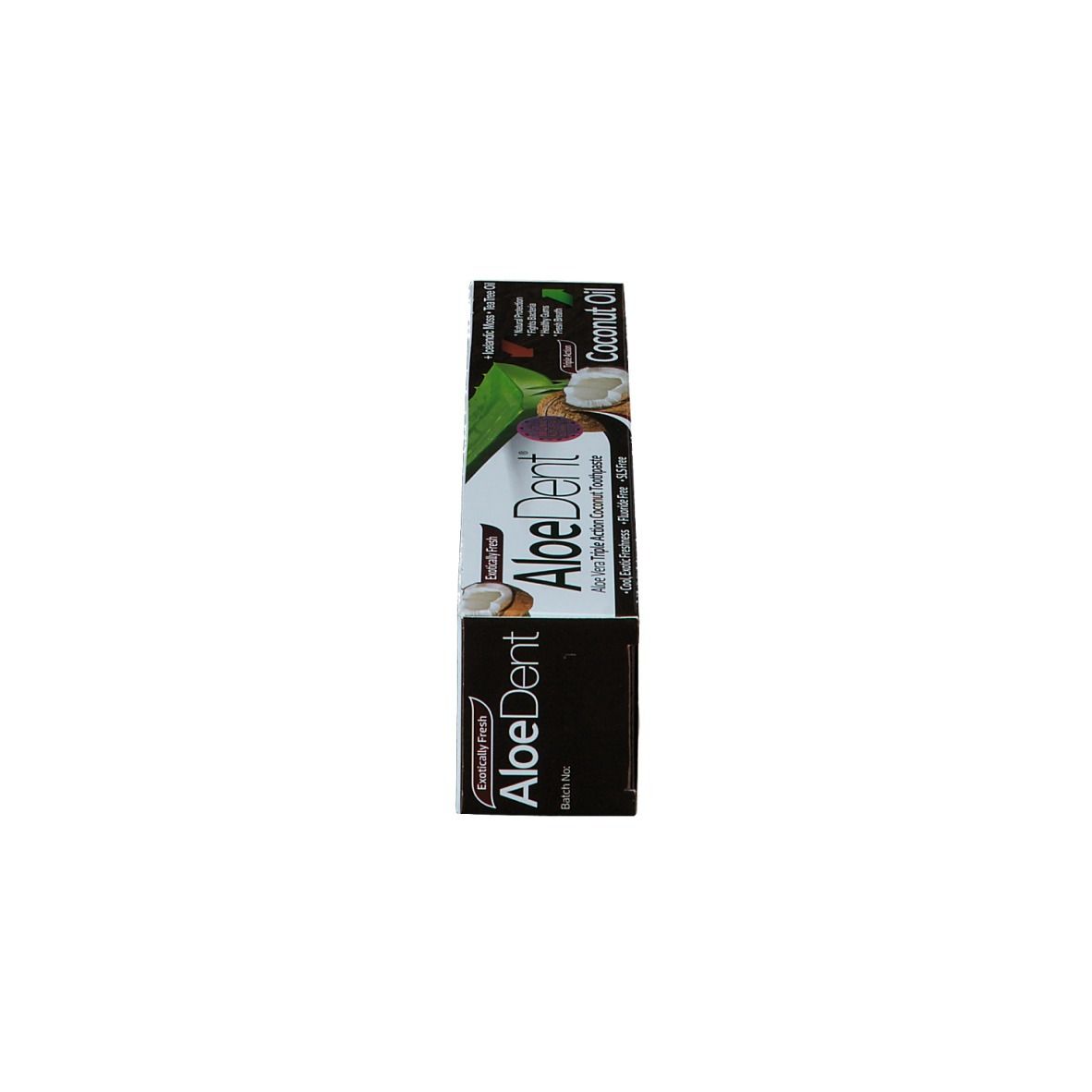 Tubetto di dentifricio e scatola, verticale. Scritta AloeDent Coconut Oil. Contiene olio di cocco. Tripla azione.