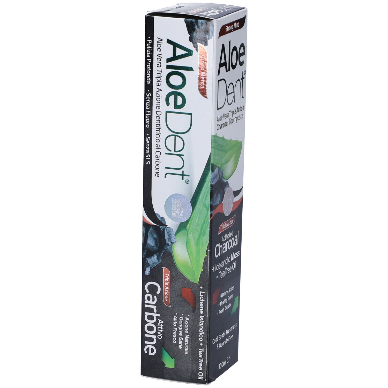 Confezione di dentifricio Aloedent. Scritta: Aloe Vera Triple Action Charcoal Toothpaste, carbone attivo, Strong Mint.