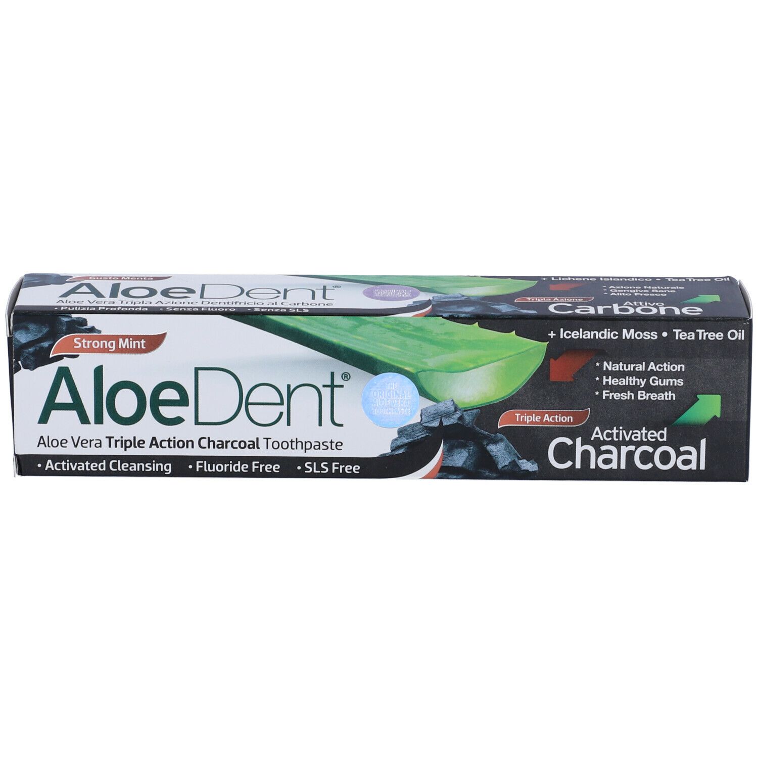 Confezione di dentifricio Aloedent. Scritta: Aloe Vera Triple Action Charcoal Toothpaste, carbone attivo, Strong Mint.