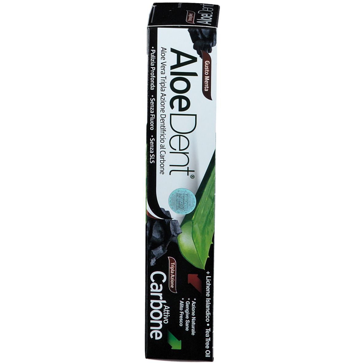 Confezione di dentifricio Aloedent. Scritta: Aloe Vera Triple Action Charcoal Toothpaste, carbone attivo, Strong Mint.