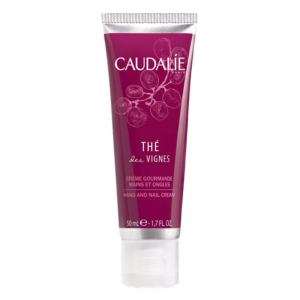 Tubo di crema viola con tappo argentato. Scritta: CAUDALIE, Thé des Vignes, Crème Mains et Ongles. 50 ml.