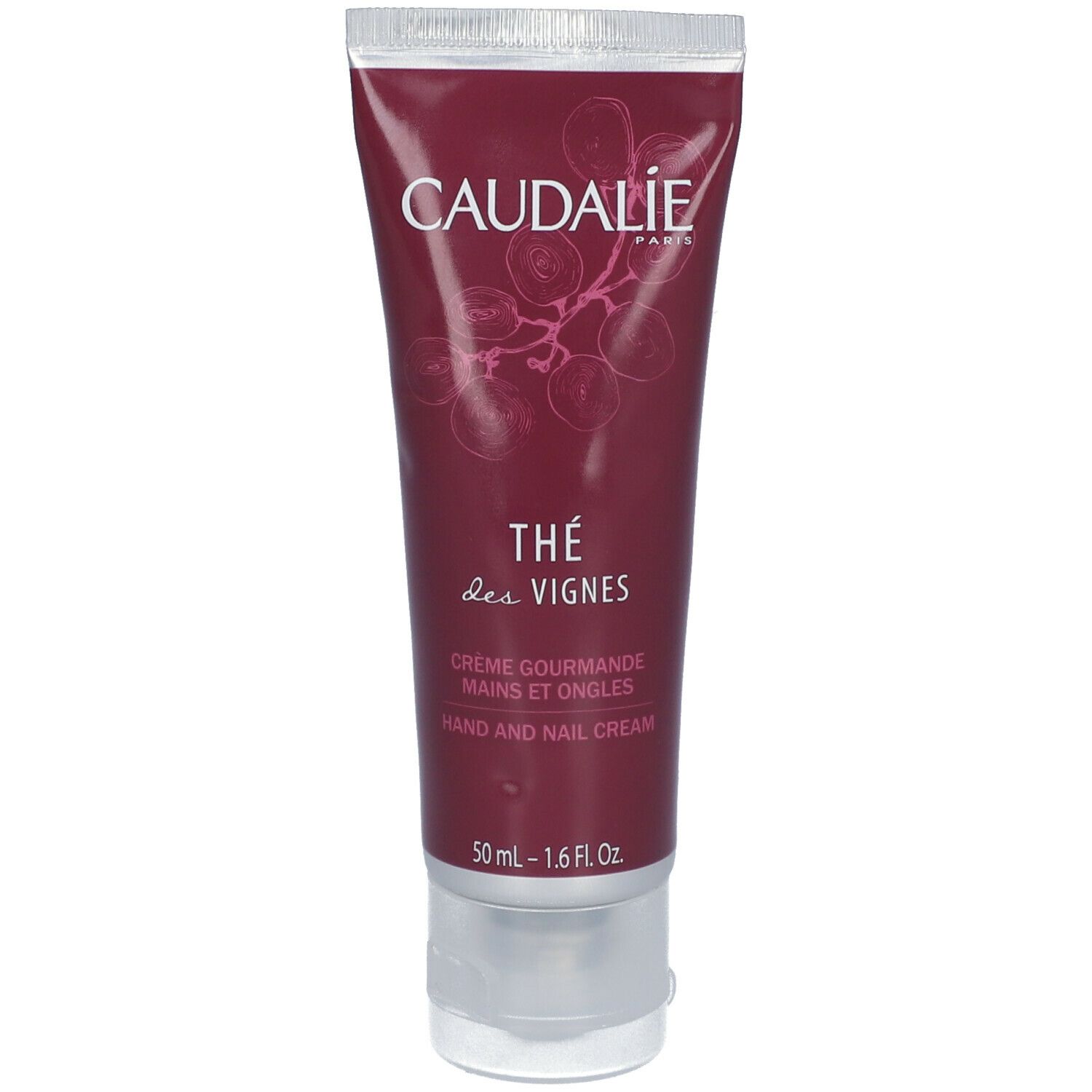 Tubo di crema viola con tappo argentato. Scritta: CAUDALIE, Thé des Vignes, Crème Mains et Ongles. 50 ml.