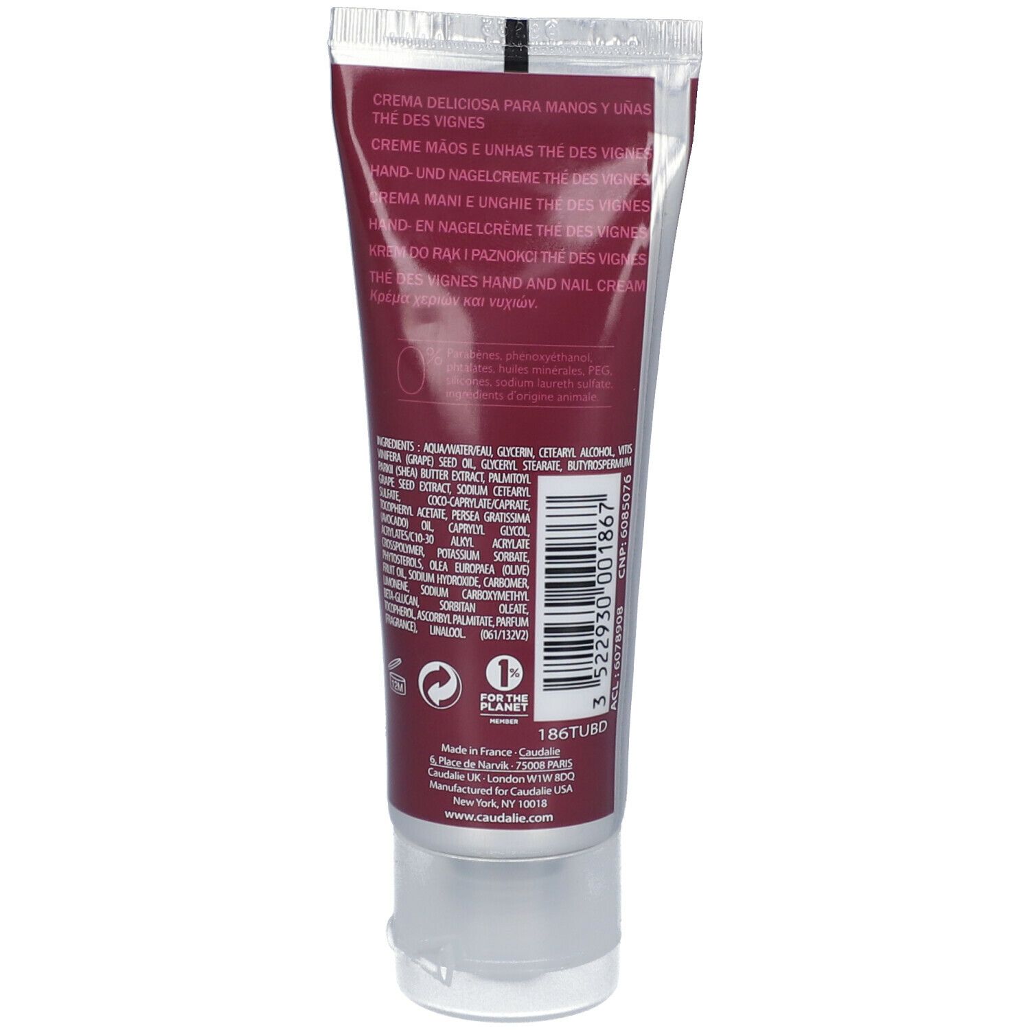 Retro del tubo di crema. Ingredienti e informazioni. Scritta: CAUDALIE, Thé des Vignes. Prodotto in Francia.