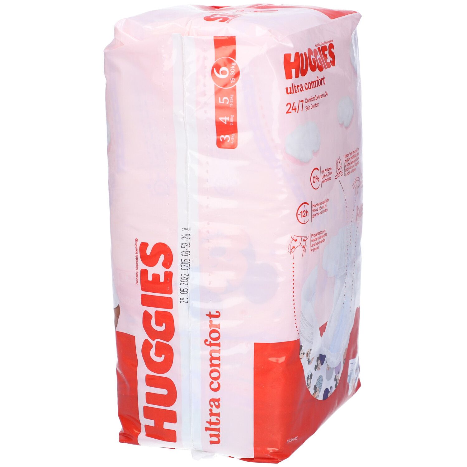 Confezione di pannolini Huggies Ultra Comfort, taglia 6, con stampe e indicazioni di taglia.