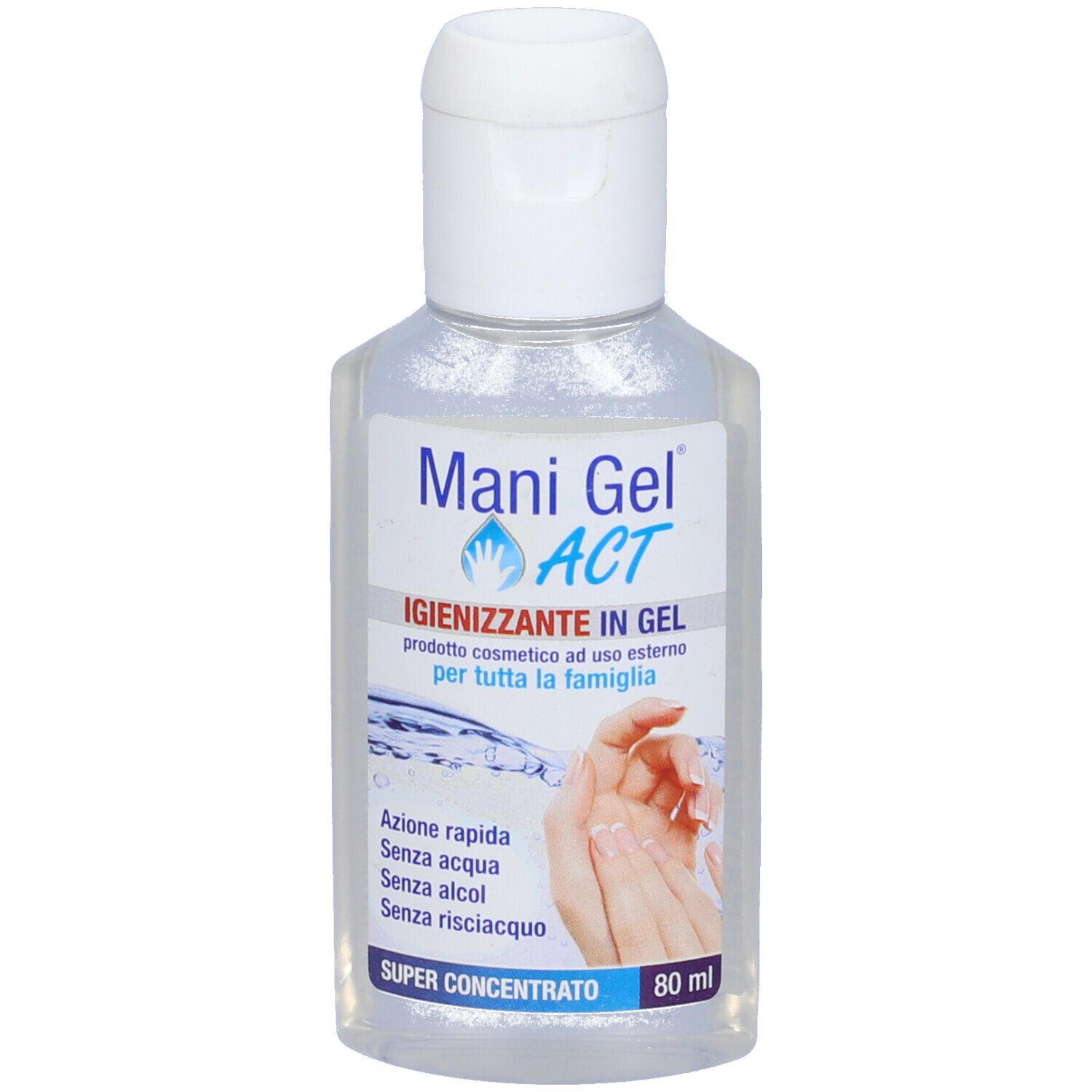 Flacone trasparente con tappo bianco. Scritta: Mani Gel ACT. Nome del prodotto e caratteristiche in italiano.