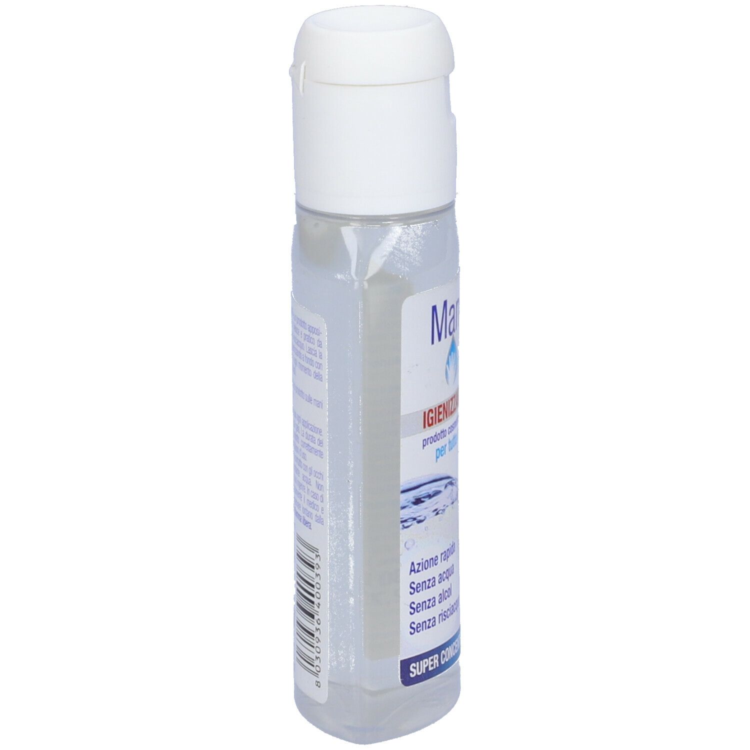 Flacone trasparente con tappo bianco. Scritta: Mani Gel ACT. Nome del prodotto e caratteristiche in italiano.