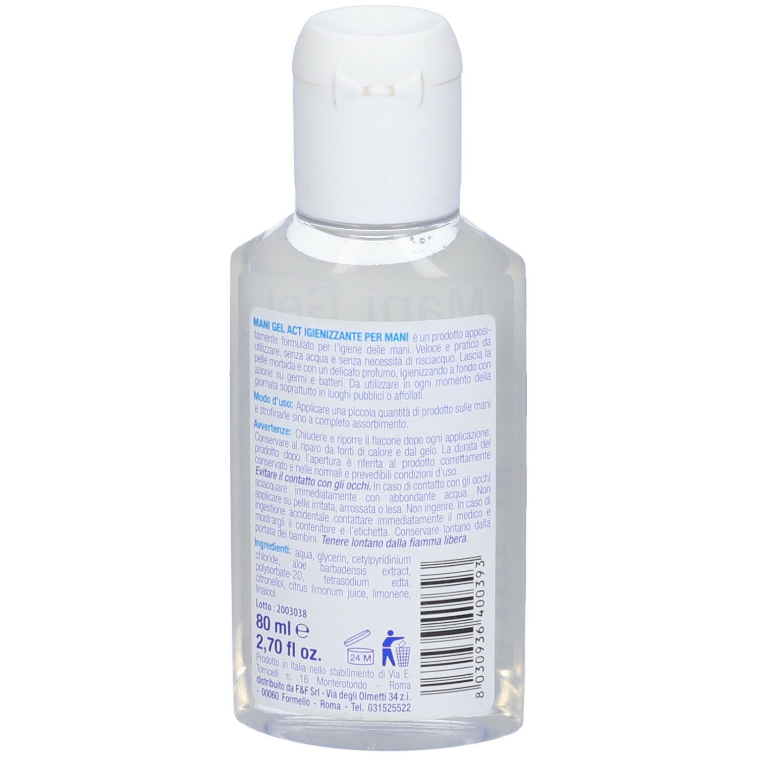 Retro di un flacone trasparente con tappo bianco. Testo in italiano. 80 ml.