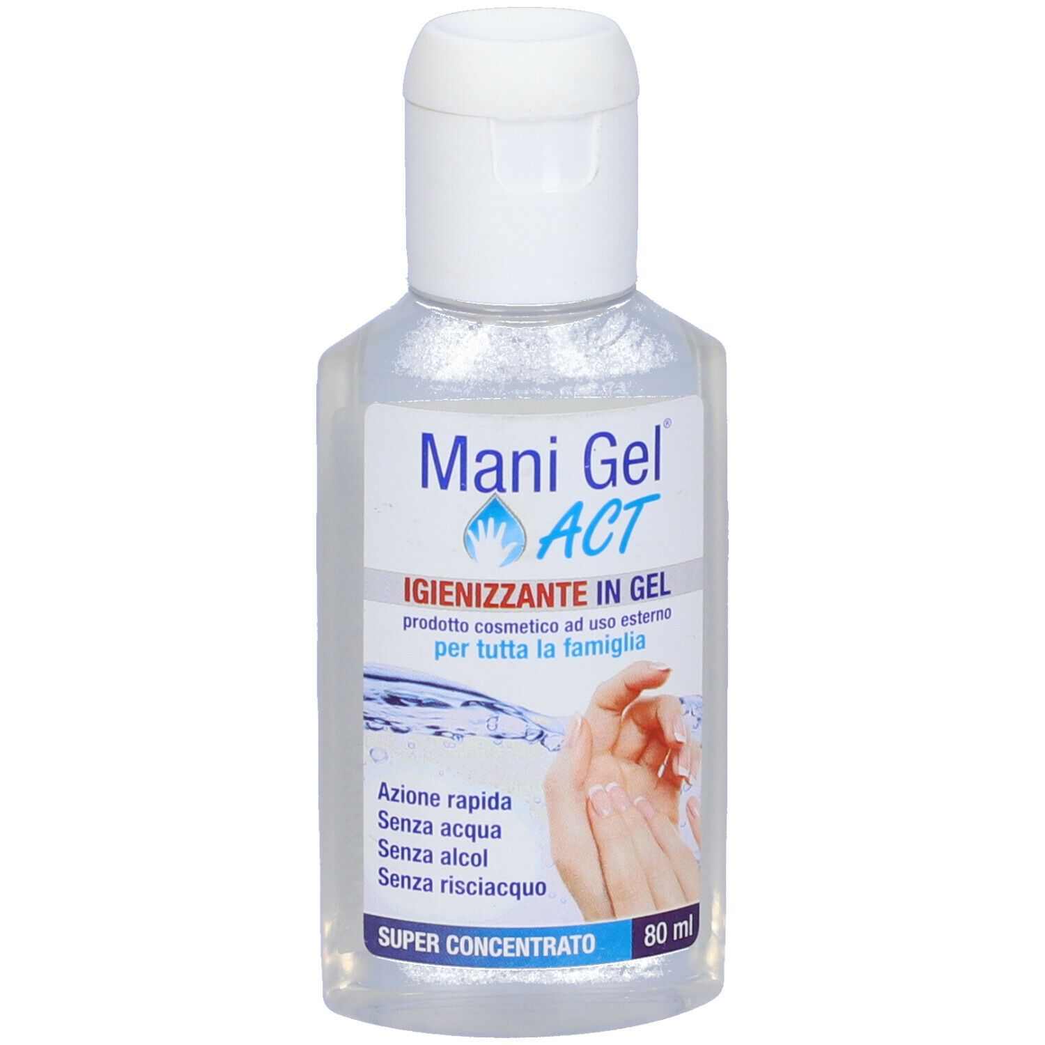 Flacone trasparente con tappo bianco. Scritta: Mani Gel ACT. Nome del prodotto e caratteristiche in italiano.
