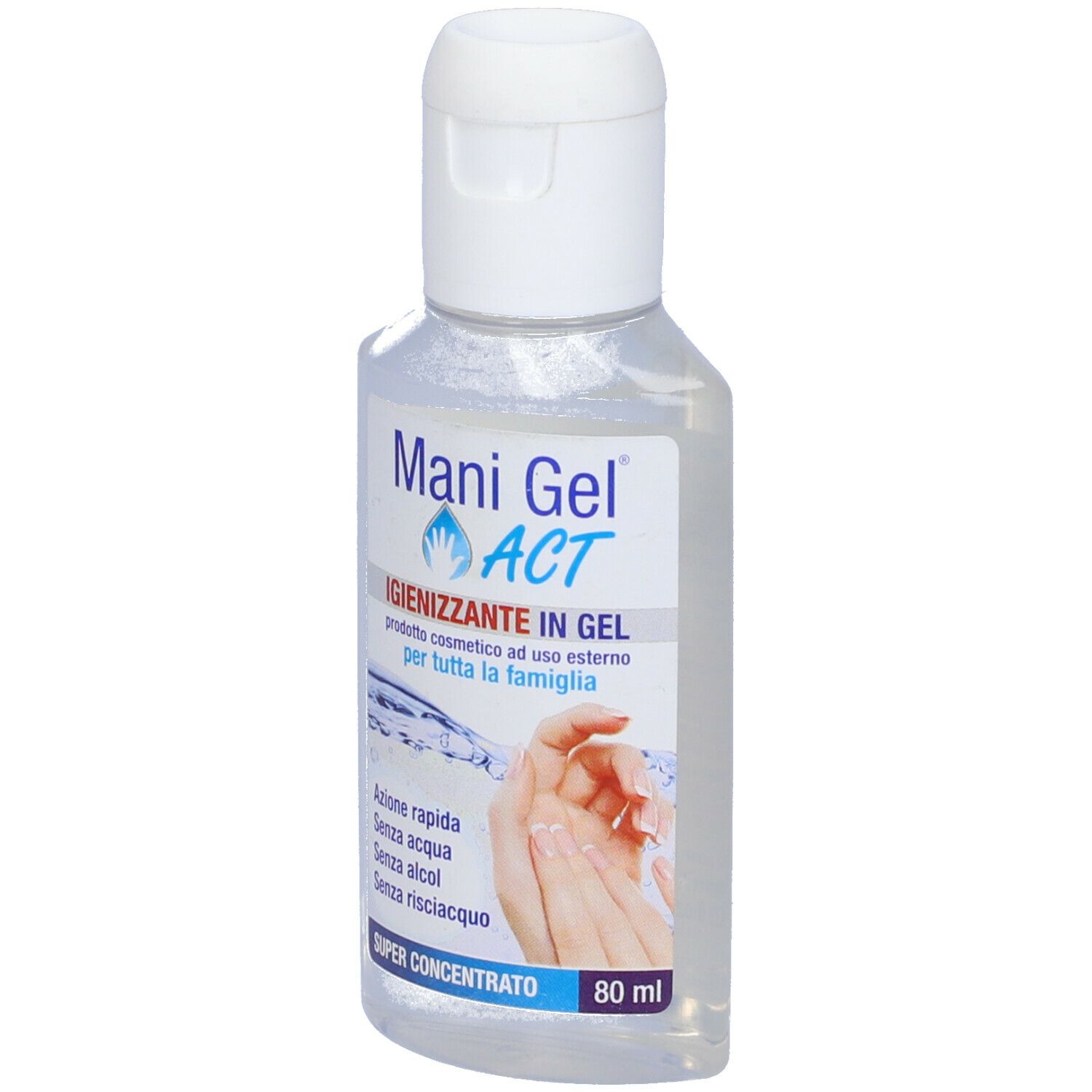 Flacone trasparente con tappo bianco. Scritta: Mani Gel ACT. Nome del prodotto e caratteristiche in italiano.