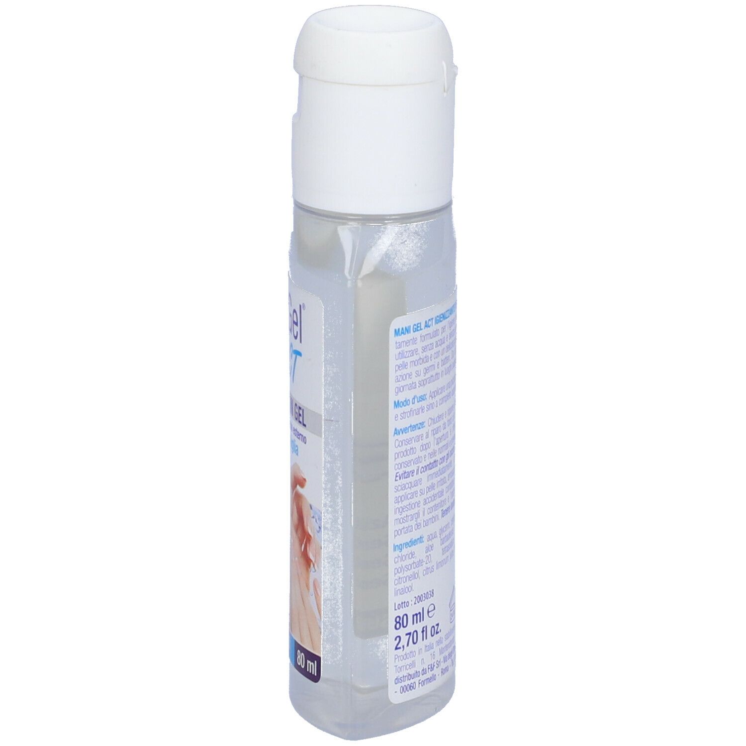 Flacone trasparente con tappo bianco. Scritta: Mani Gel ACT. Nome del prodotto e caratteristiche in italiano.
