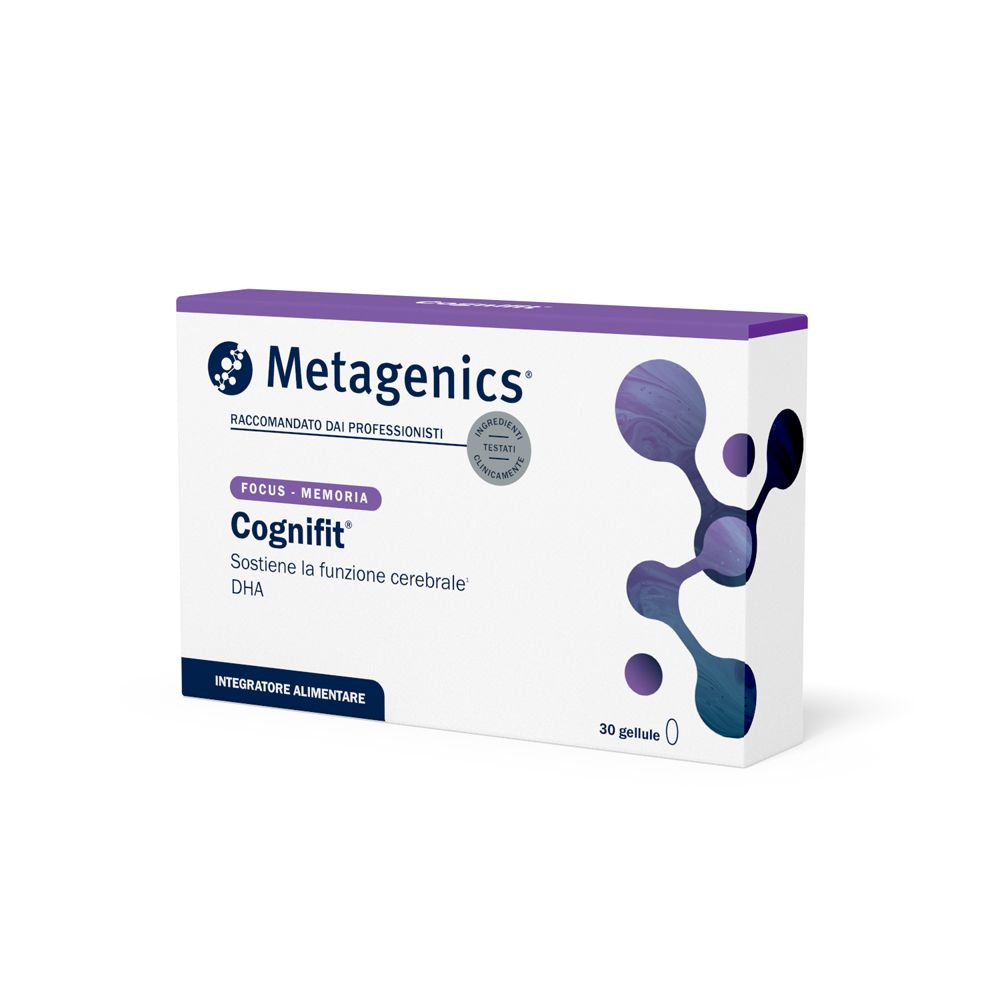 Scatola di integratore alimentare Cognifit®. Contiene 30 capsule. Marchio Metagenics, raccomandato dai professionisti.