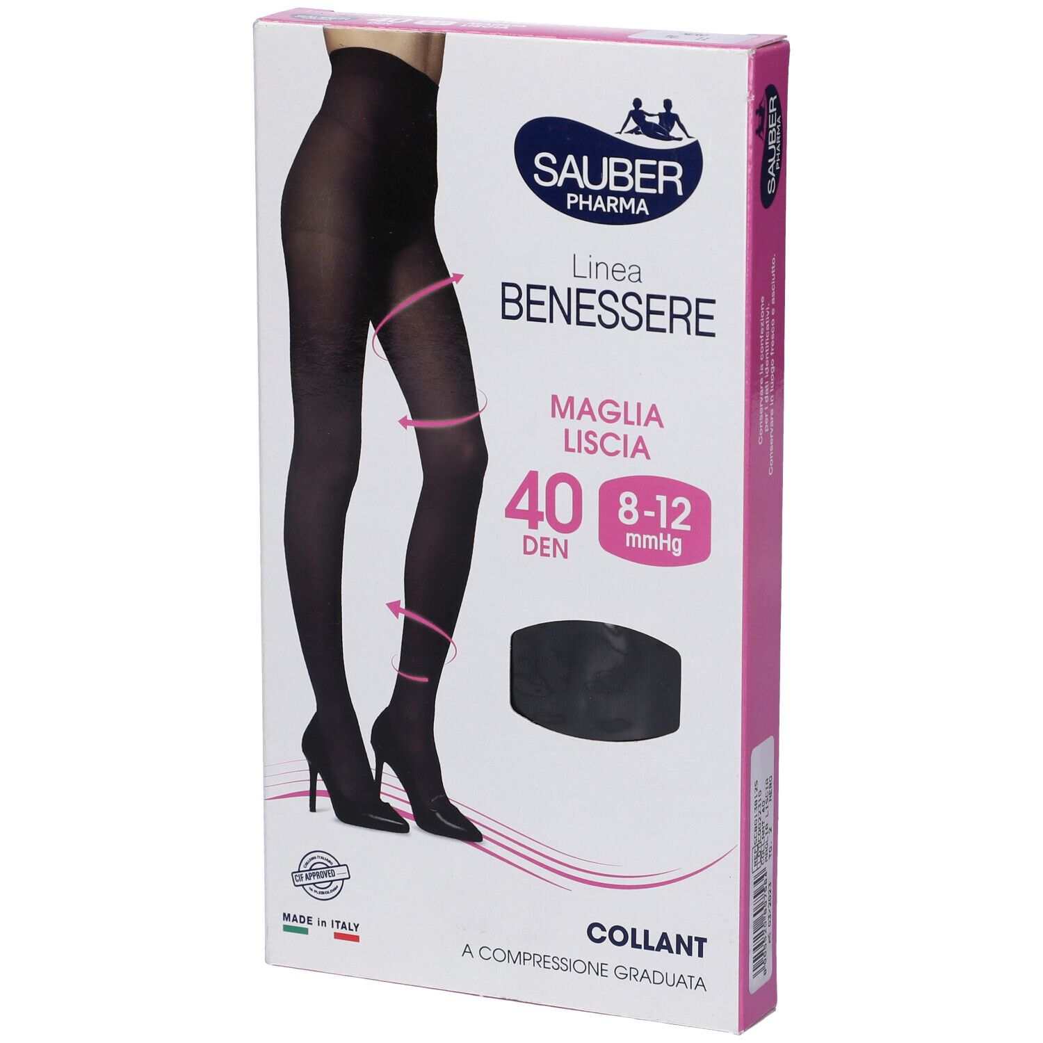 Confezione di collant nero. Marca Sauber Pharma, linea Benessere. 40 Den, 8-12 mmHg. Collant a compressione graduata.