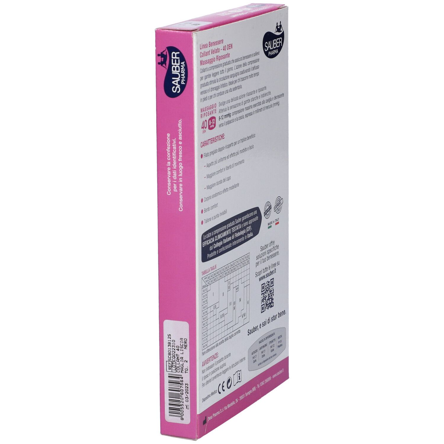 Confezione di collant nero. Marca Sauber Pharma. Informazioni sul collant a compressione.