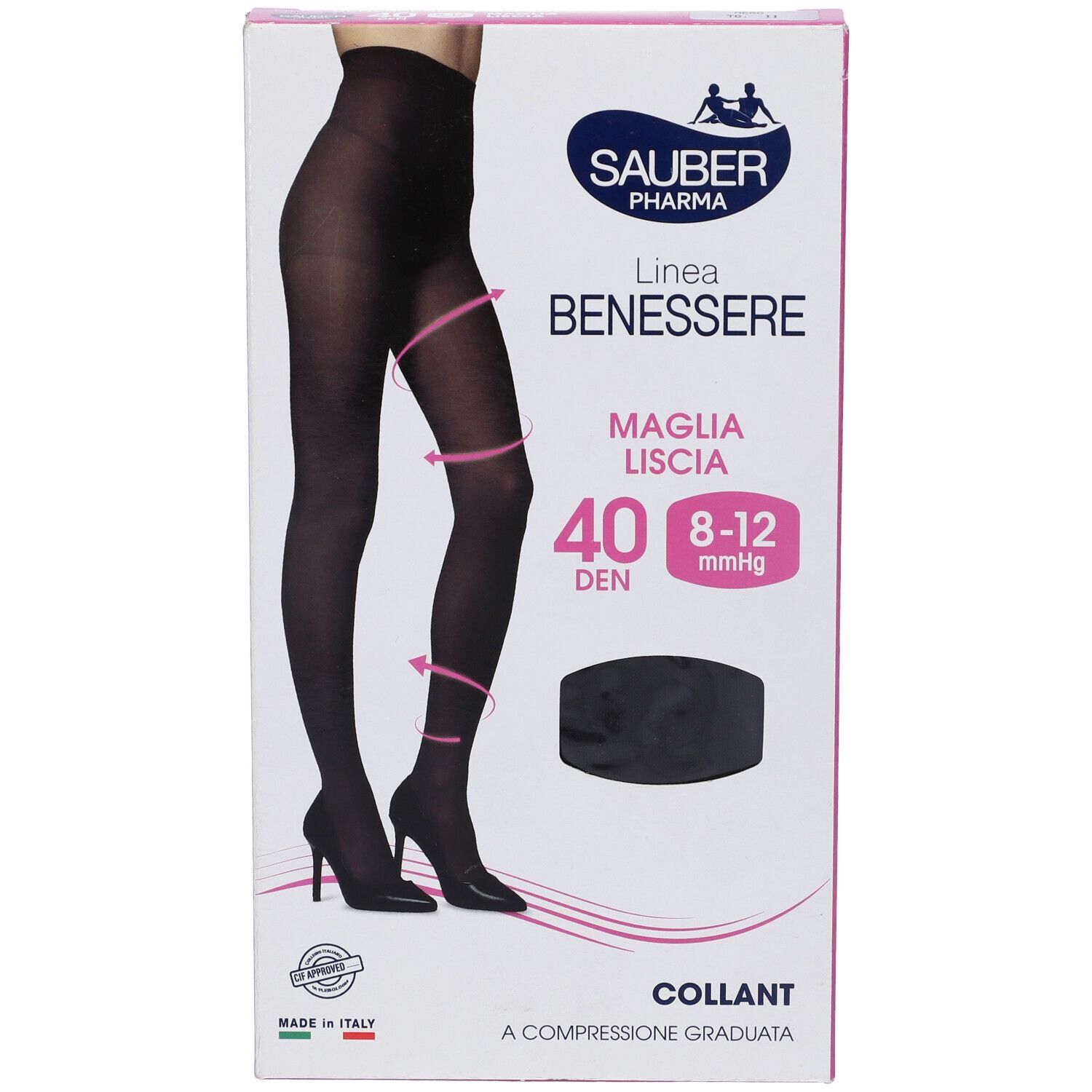 Collant nero in confezione. Marca Sauber Pharma, linea Benessere. 40 Den, 8-12 mmHg. Collant a compressione graduata.