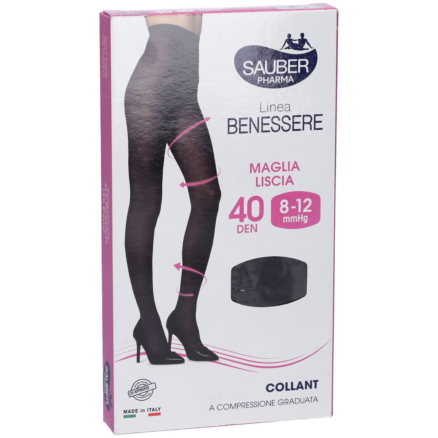 Collant nero in confezione. Marca Sauber Pharma, linea Benessere. 40 Den, 8-12 mmHg. Collant a compressione graduata.