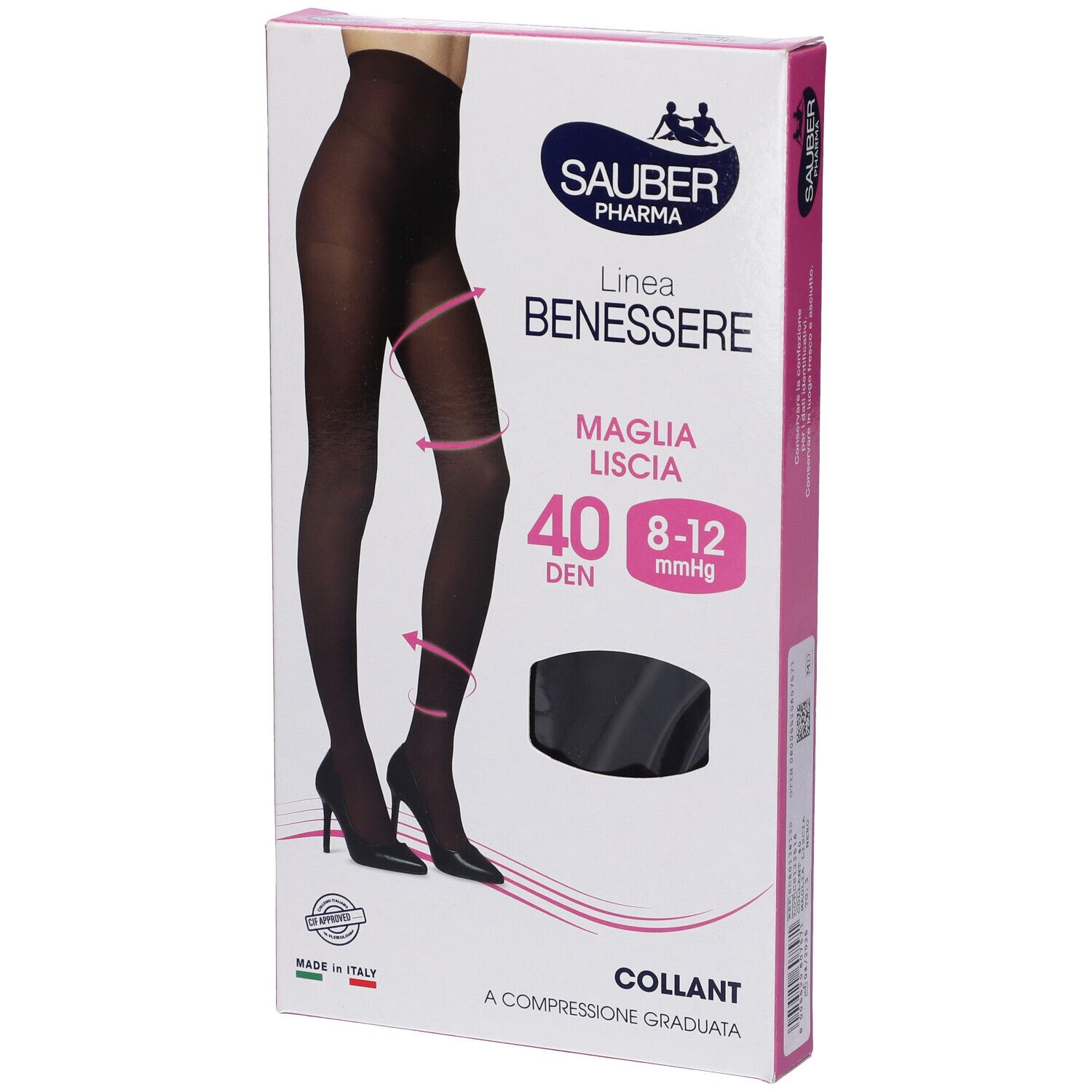 Confezione collant neri Sauber Pharma, linea Benessere. 40 DEN, 8-12 mmHg. Made in Italy. Vista angolata.